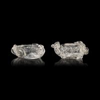Two Small Chinese Rock Crystal Coupes, 20th Century 近代 雕水晶花卉紋水丞兩件