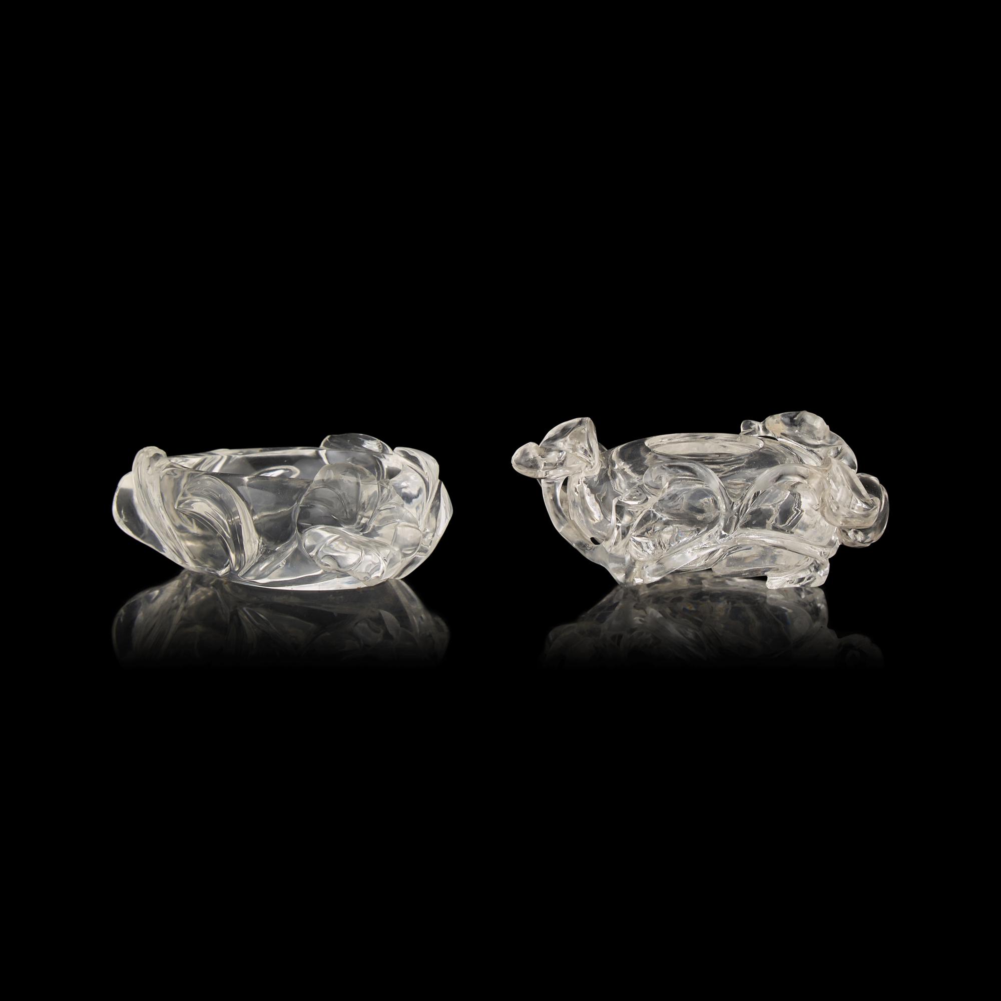 Two Small Chinese Rock Crystal Coupes, 20th Century 近代 雕水晶花卉紋水丞兩件