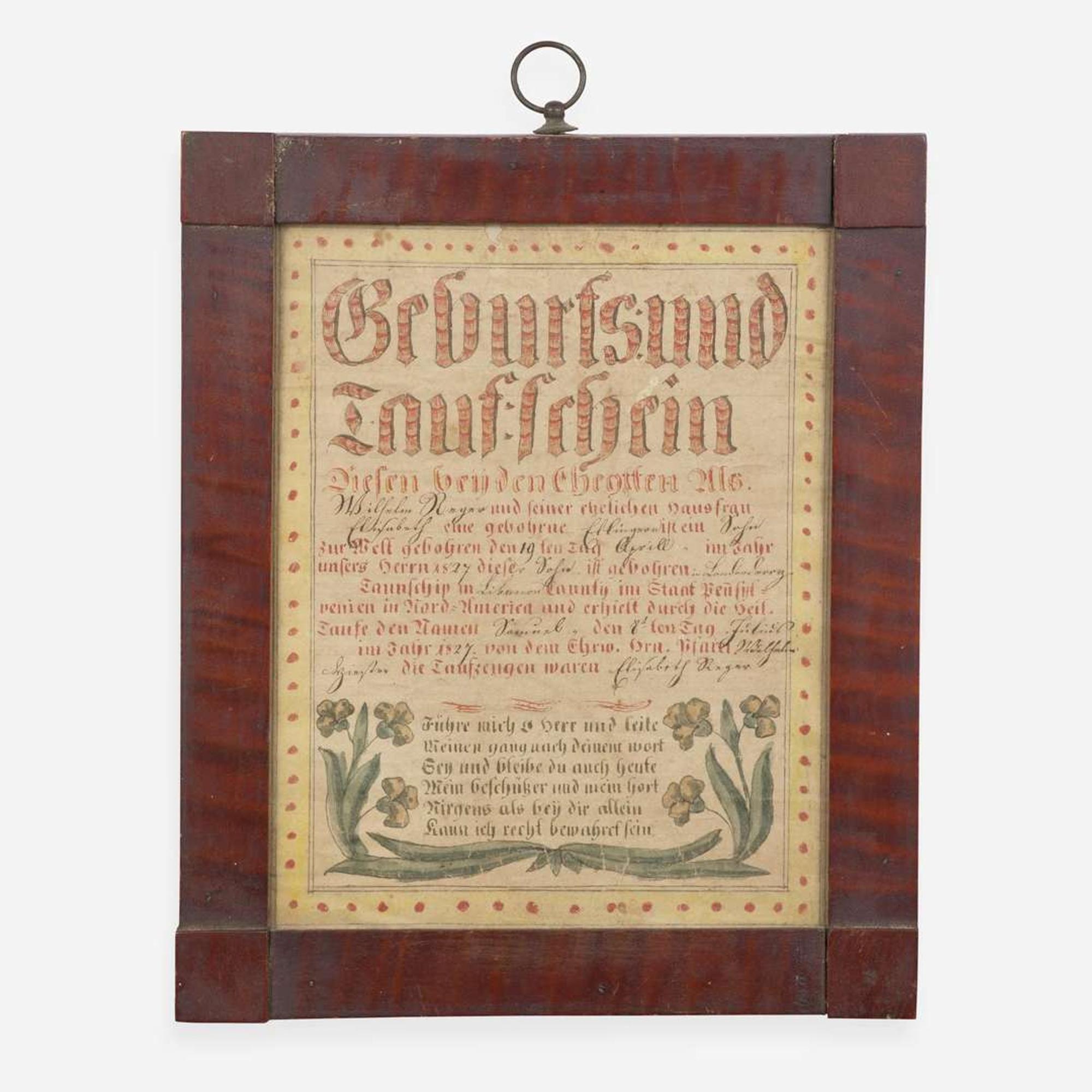 Attributed to the Hummelstown Artist A Fraktur birth record for the Ringner Family, dated "1827"