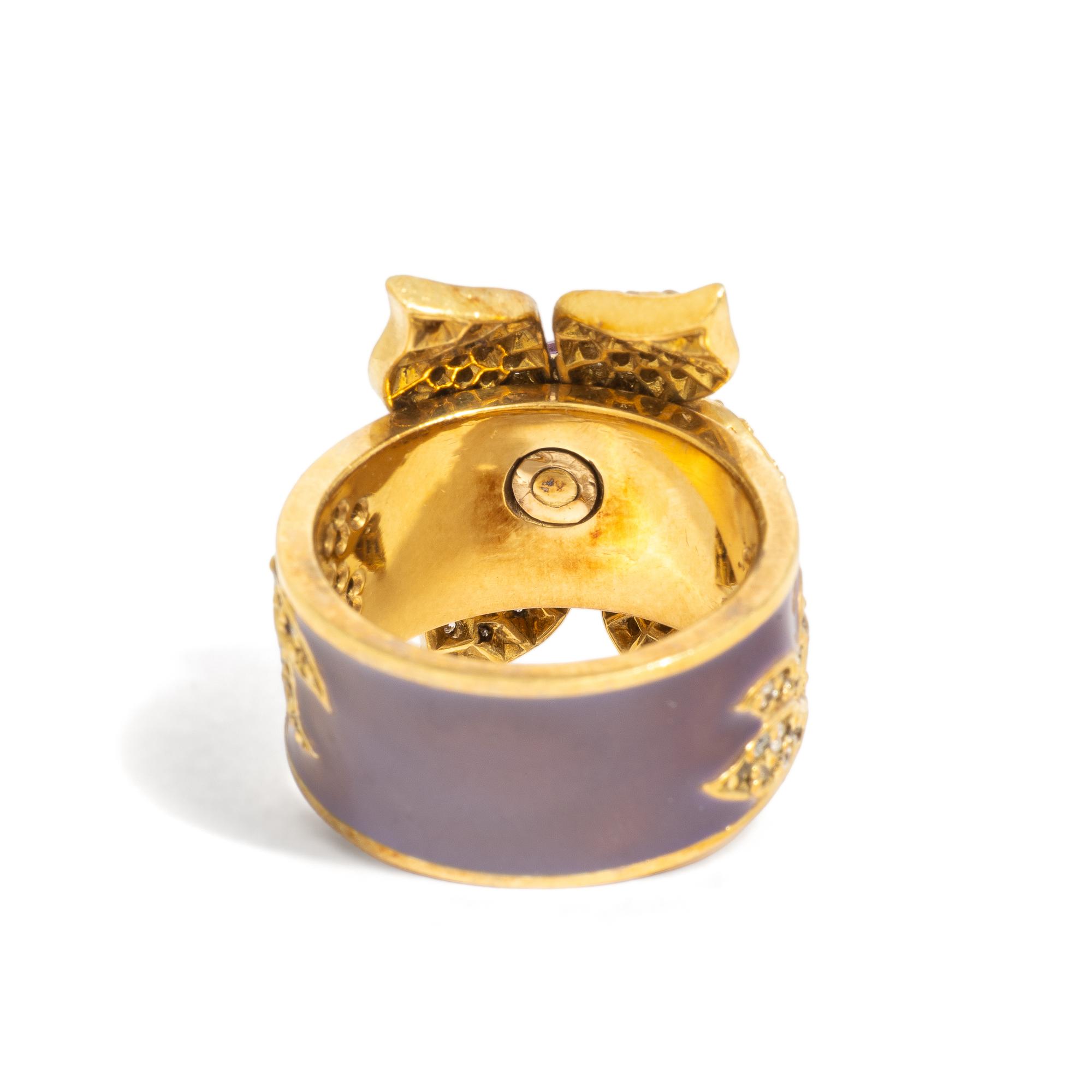 BARRY KRONEN, YELLOW GOLD, DIAMOND, AMETHYST, AND ENAMEL FLOWER RING