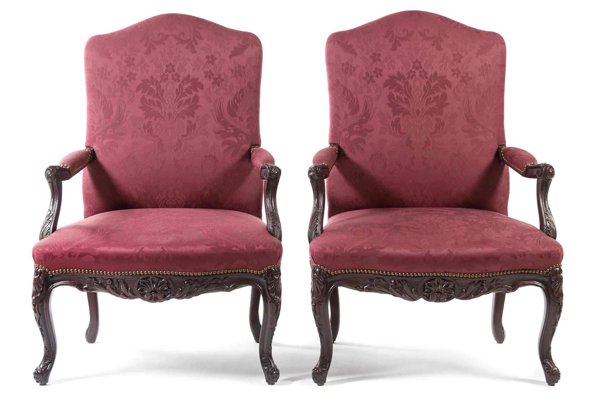 A Pair of Louis XV Style Carved Walnut Bergeres Height 41 1/2 inches. — 19TH CENTURY