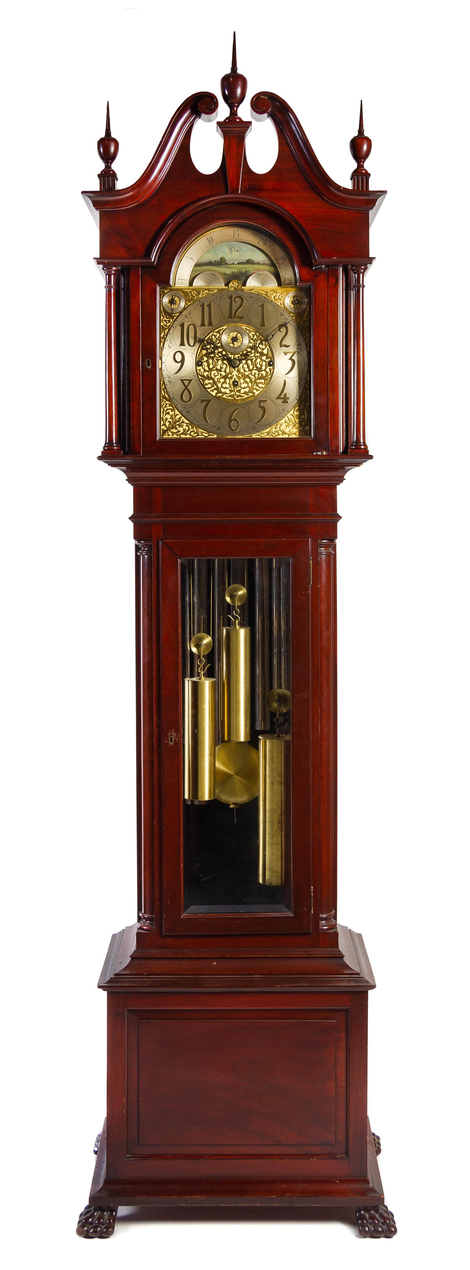An American Tall Case Clock Height 96 x width 23 1/2 x depth 14 1/2 inches. — WALTER DURFEE, TIFFANY & CO.
