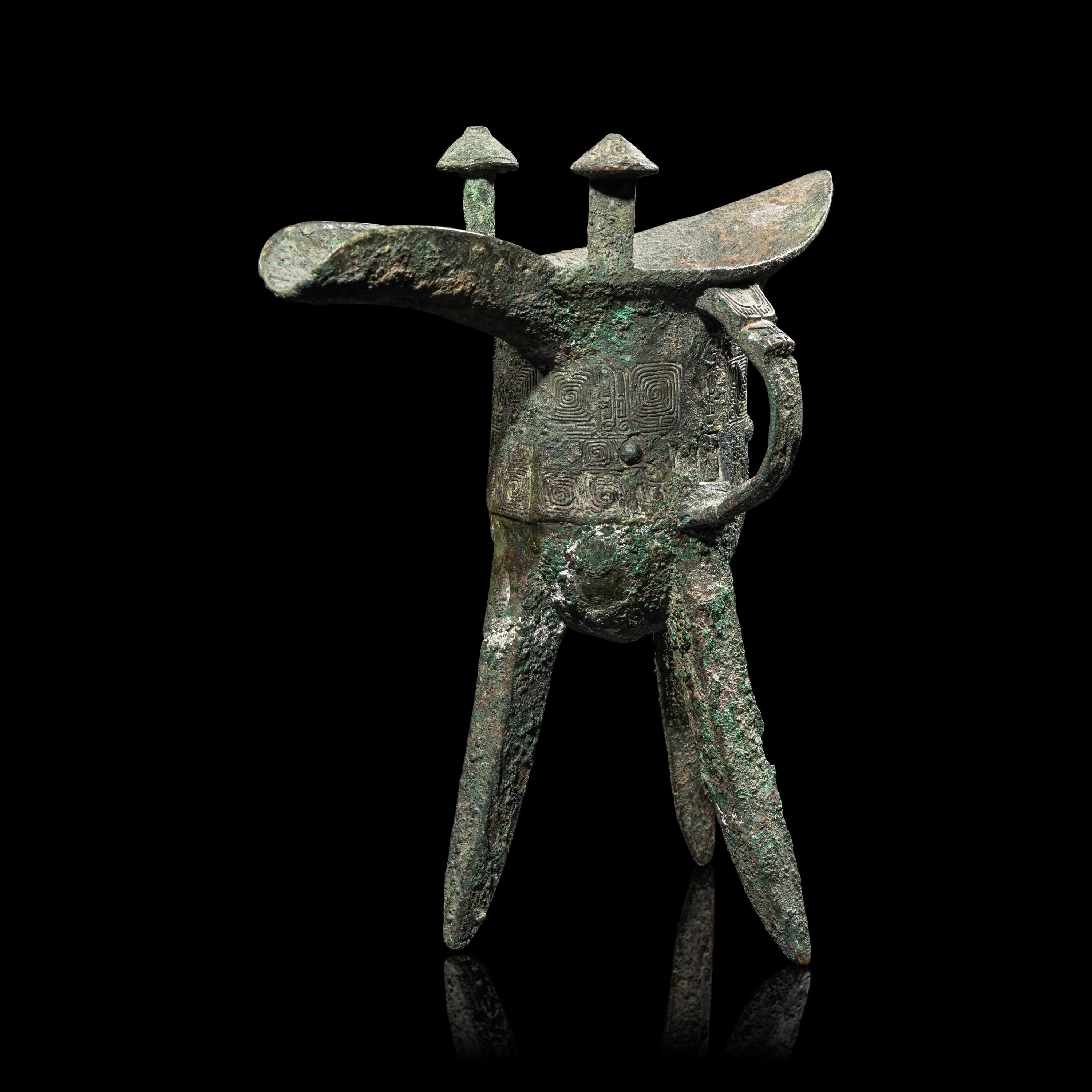 A Chinese Archaic Ritual Bronze Wine Vessel, Jue , Mark Gaotian, Late Shang-Early West Zhou Dynasty 商代晚期-西周早期 青銅饕餮紋'告田'爵