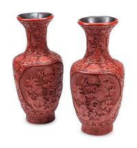 A Pair of Chinese Export Carved Red Lacquer Vases