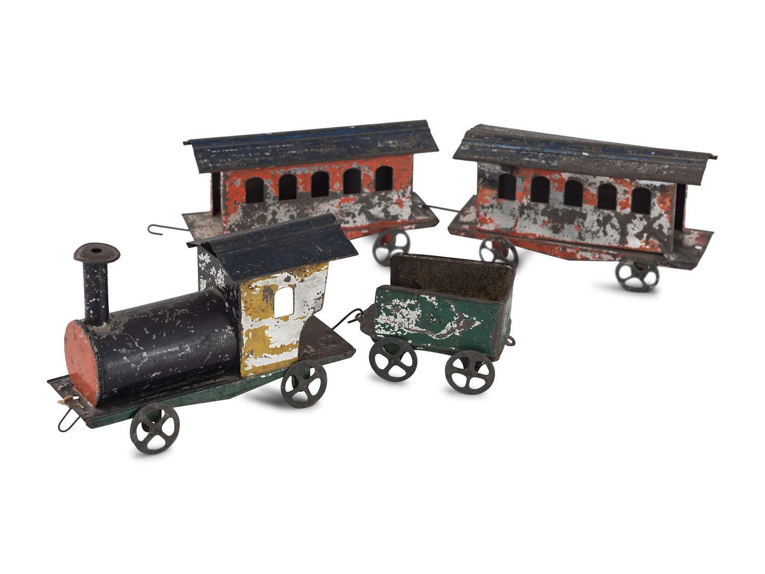 Three Hero Polychrome Decorated Train Cars of Graduating Size