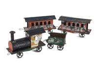 Three Hero Polychrome Decorated Train Cars of Graduating Size
