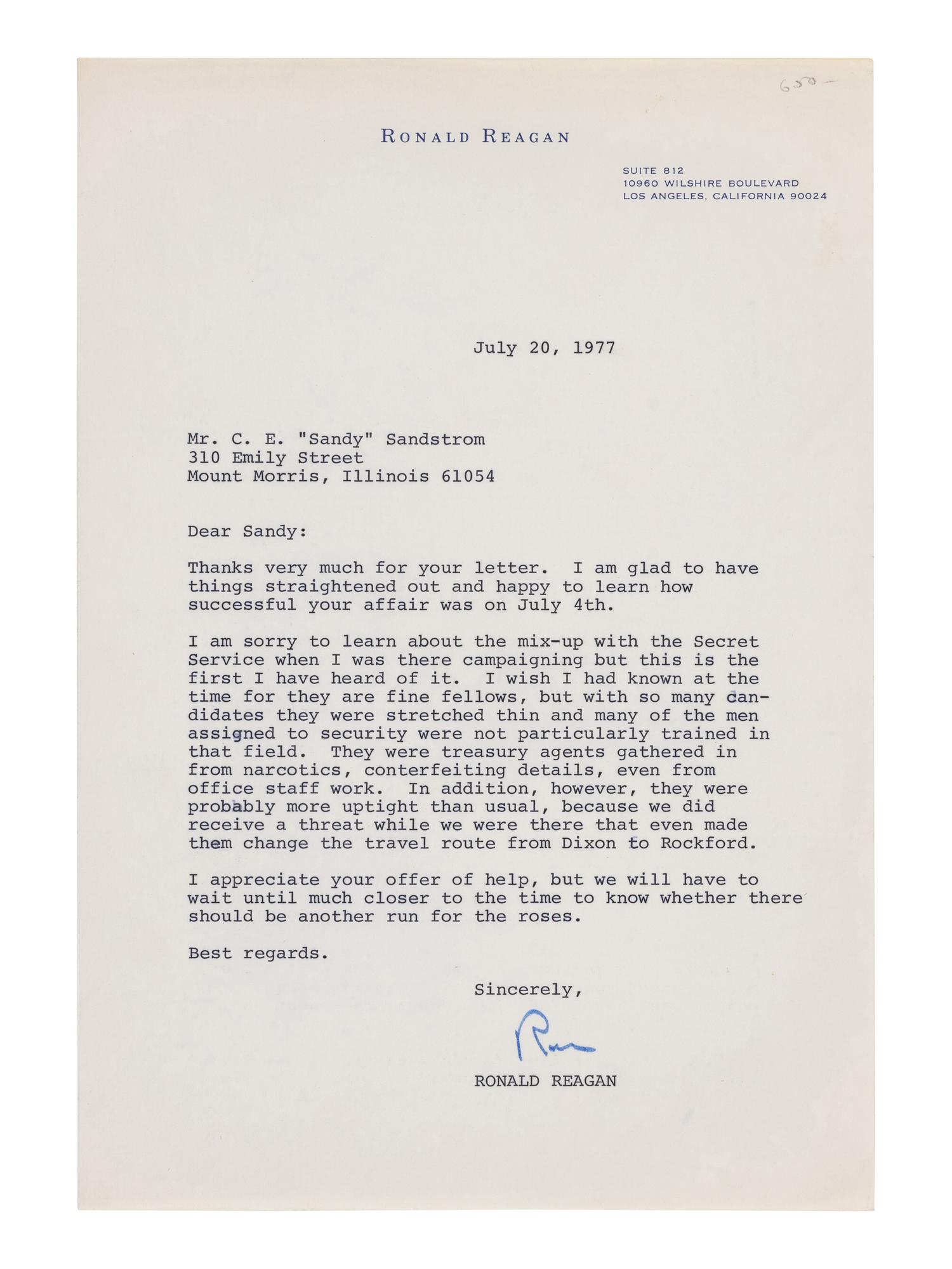 REAGAN, Ronald (1911-2004). Typed letter signed ("Ron"), to Mr. C.E. "Sandy" Sandstrom. Los Angeles, CA, 20 July 1977.