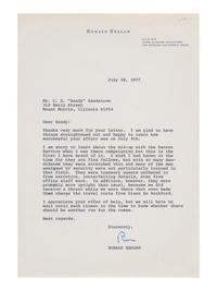 REAGAN, Ronald (1911-2004). Typed letter signed ("Ron"), to Mr. C.E. "Sandy" Sandstrom. Los Angeles, CA, 20 July 1977.