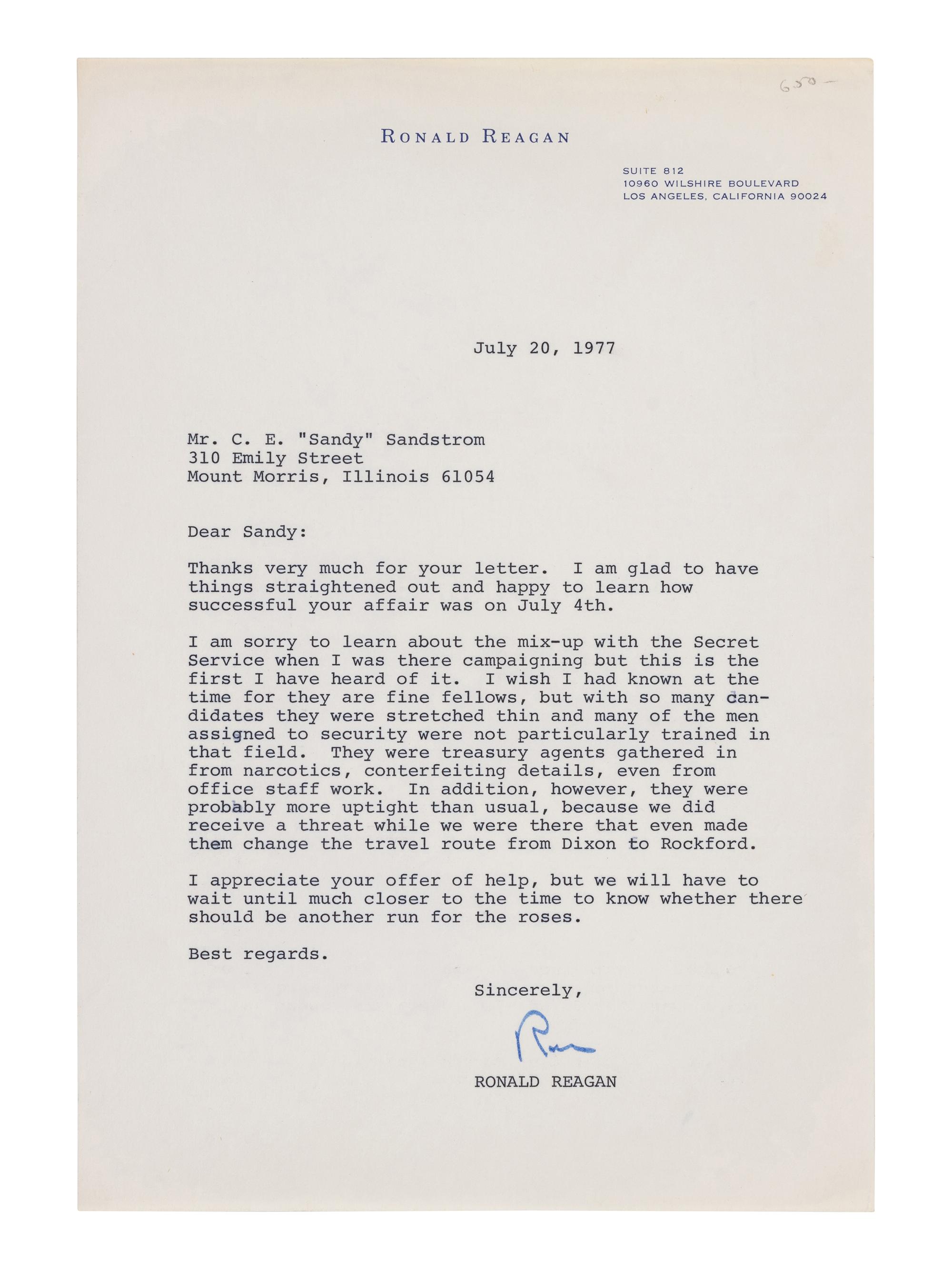 REAGAN, Ronald (1911-2004). Typed letter signed ("Ron"), to Mr. C.E. "Sandy" Sandstrom. Los Angeles, CA, 20 July 1977.