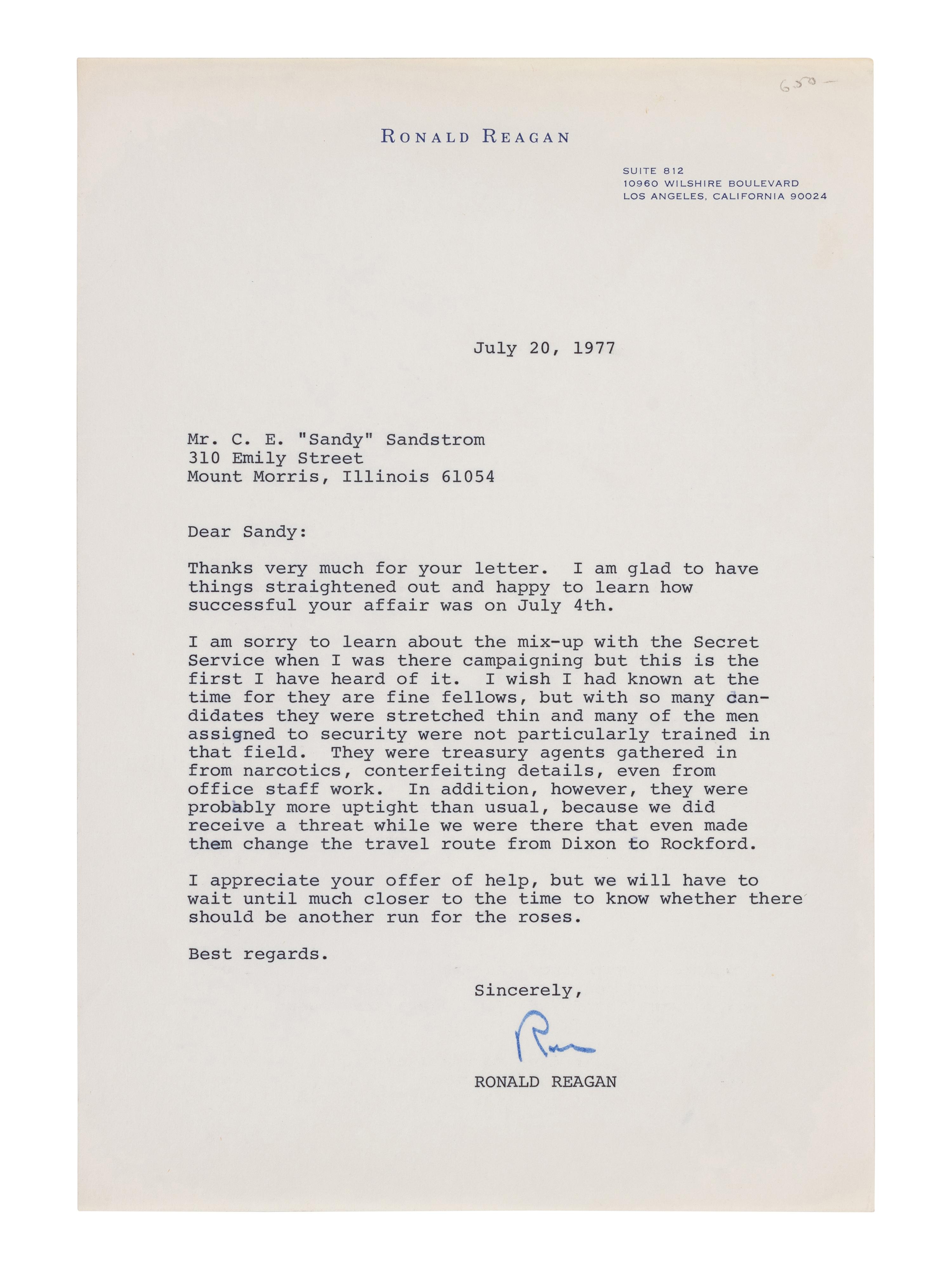 REAGAN, Ronald (1911-2004). Typed letter signed ("Ron"), to Mr. C.E. "Sandy" Sandstrom. Los Angeles, CA, 20 July 1977.