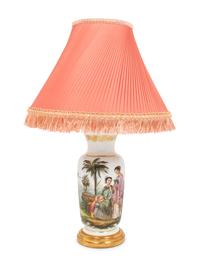 A French Painted Opaque White Glass Vase Mounted as a Lamp with a Fringed Silk Shade