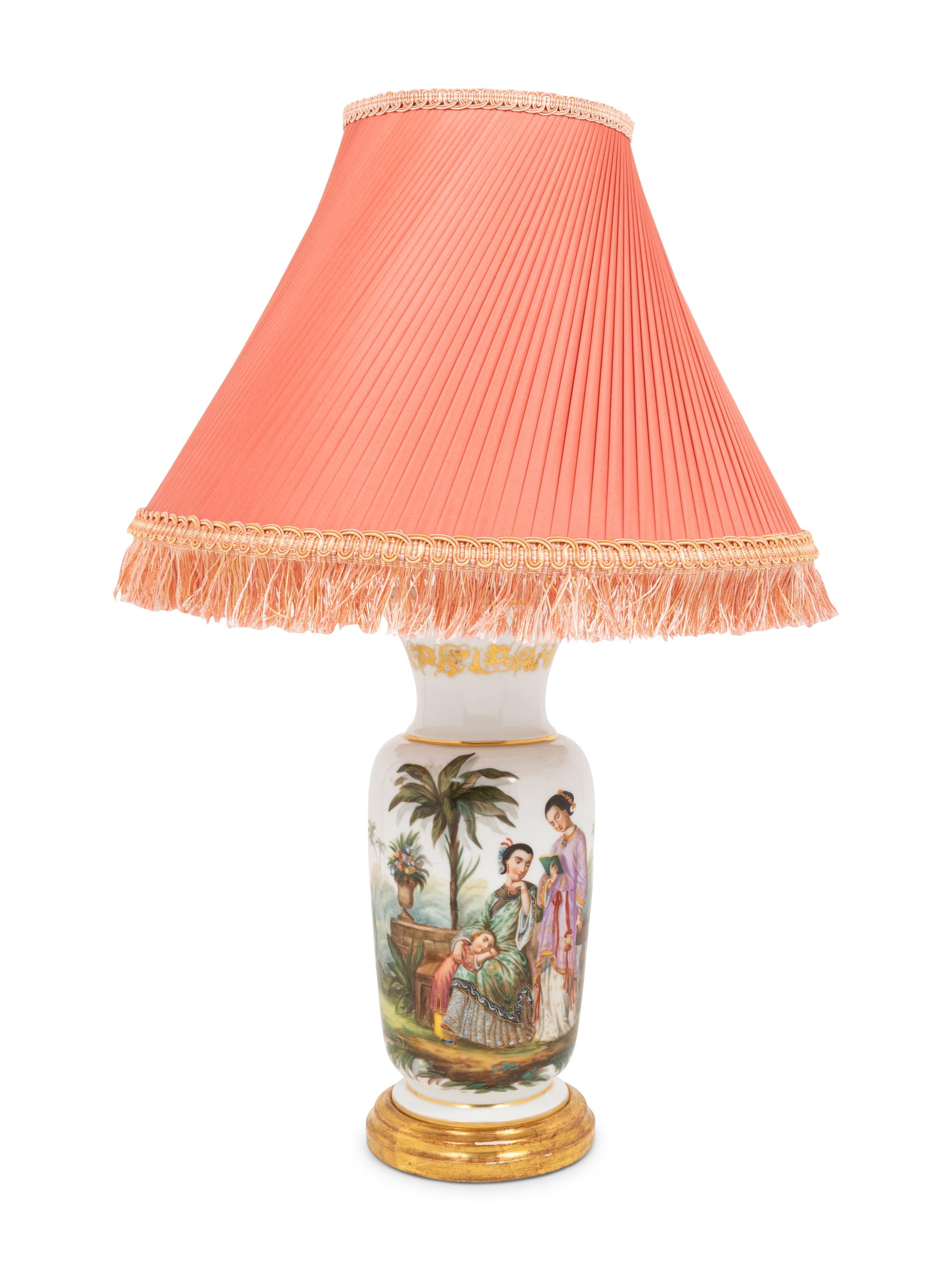 A French Painted Opaque White Glass Vase Mounted as a Lamp with a Fringed Silk Shade