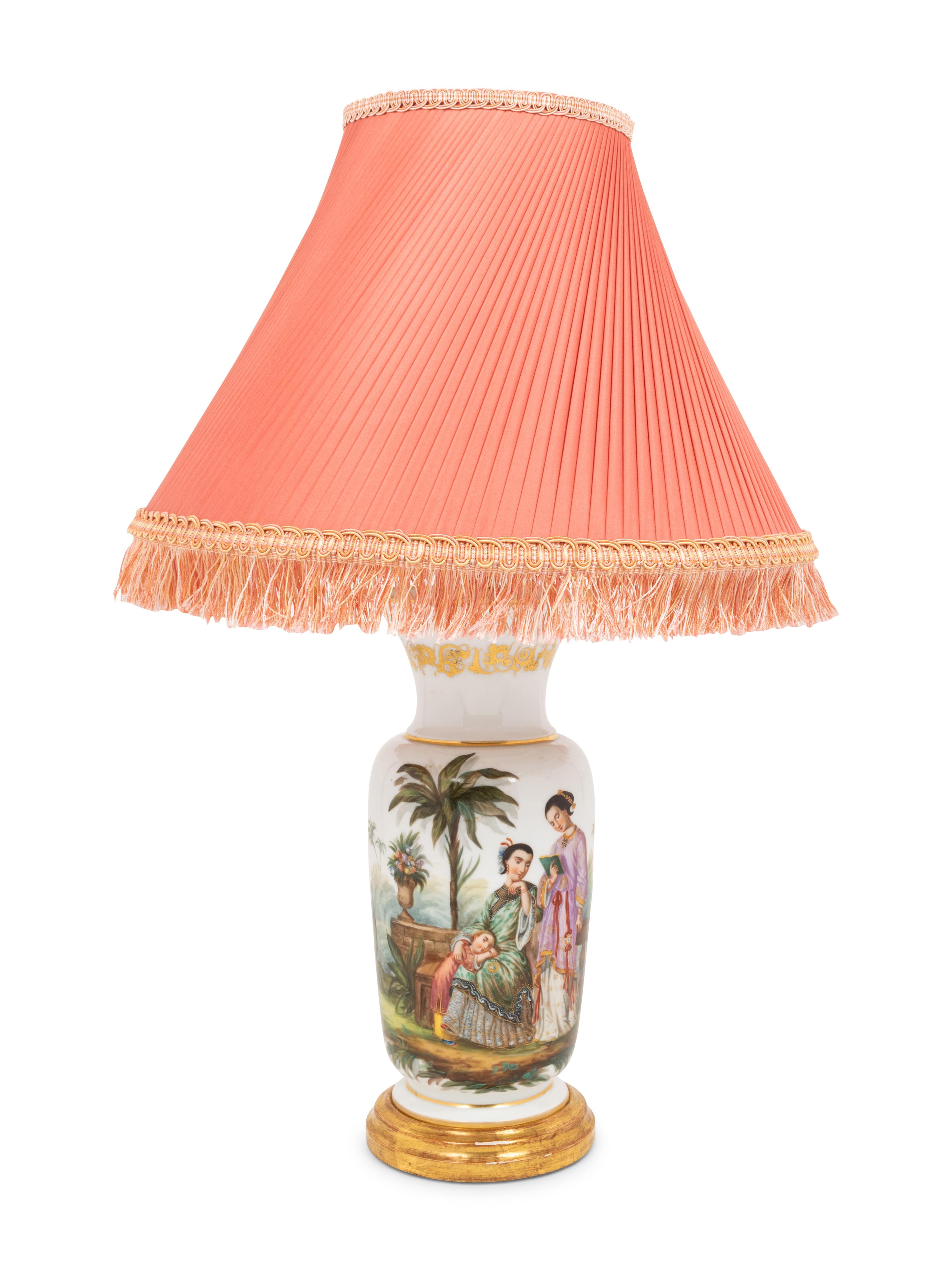 A French Painted Opaque White Glass Vase Mounted as a Lamp with a Fringed Silk Shade