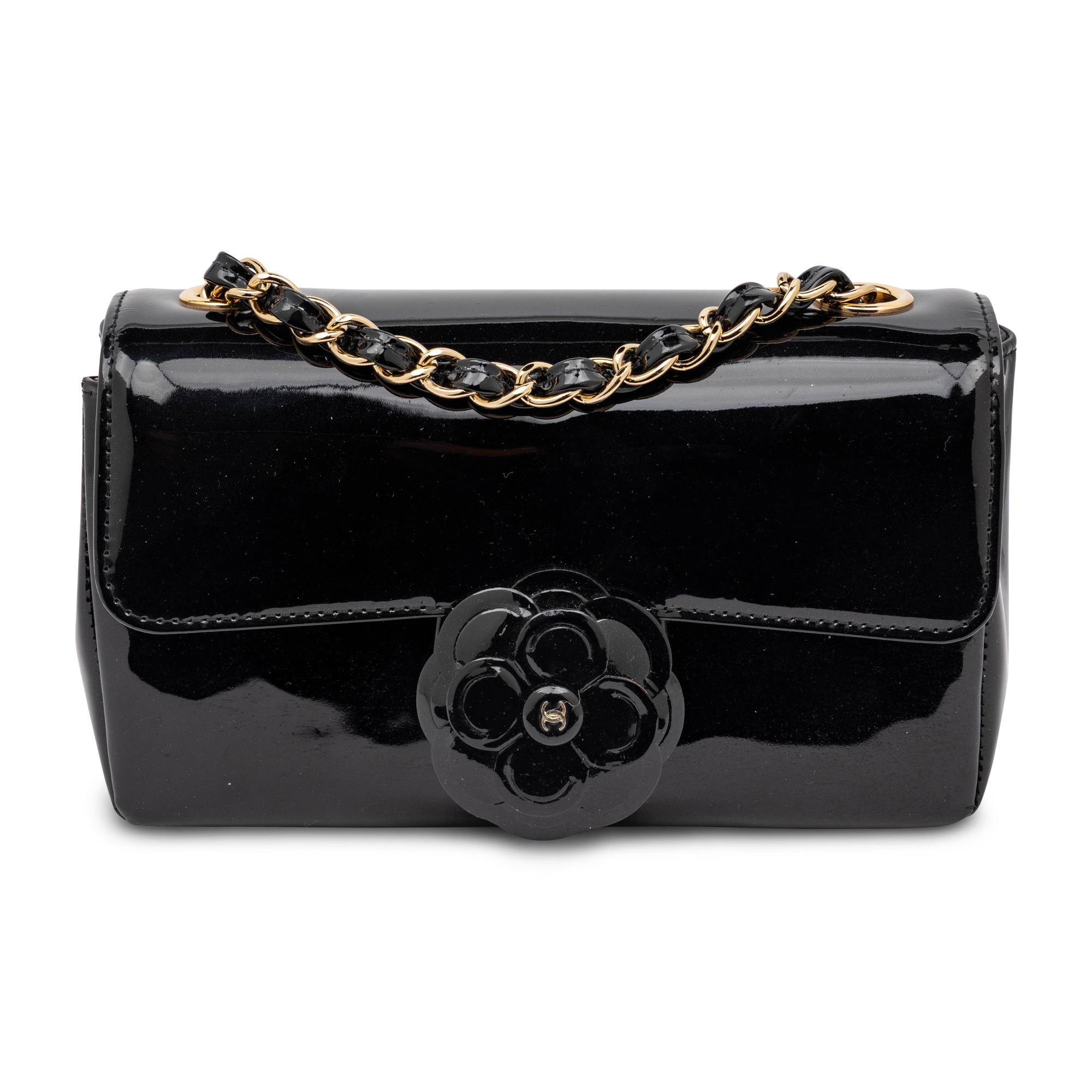 Chanel, Small Camellia Flap Bag in Black Patent Leather