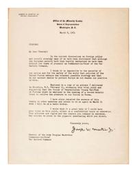 [POLITICS]. MARTIN, Joseph W. (1884-1968). Typed copy letter, as House Minority Leader, to General Douglas MacArthur. Washington, D.C., 8 March 1951.
