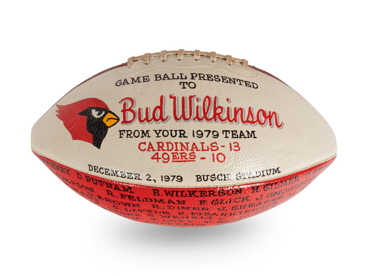 A December 2, 1979 St. Louis Cardinals vs. San Francisco 49ers Game Ball Presented to Coach Bud Wilkinson,