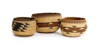 Three Finely Woven Hupa Baskets Height of largest 3 1/2 x diameter 5 1/4 inches.