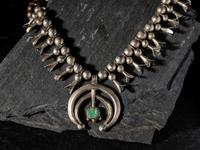 Petite Navajo Silver and Turquoise Squash Blossom Necklace