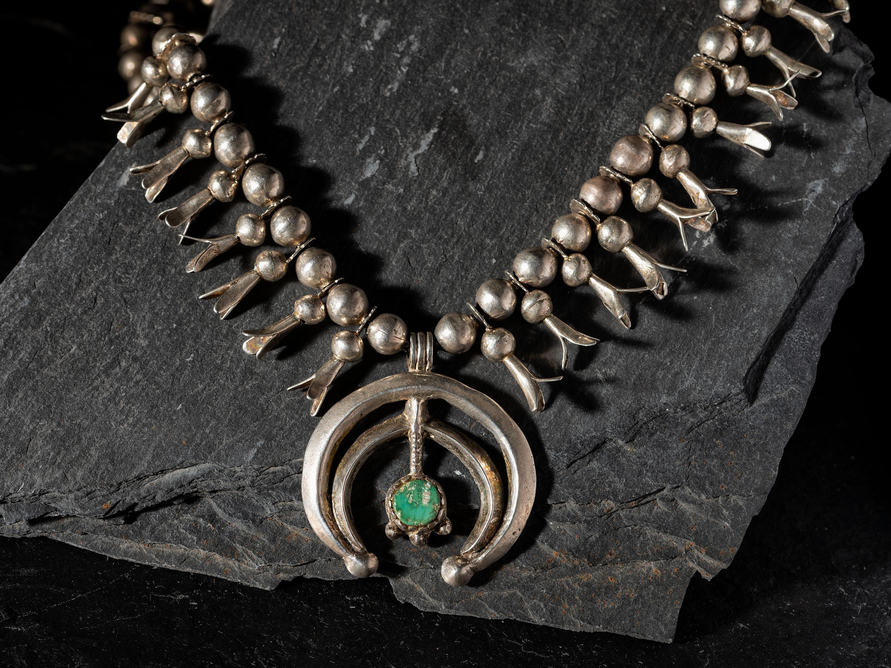 Petite Navajo Silver and Turquoise Squash Blossom Necklace