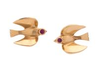 YELLOW GOLD AND RUBY BIRD EARCLIPS