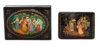 A Collection of Four Russian Lacquered Boxes, 20th Century, each of rectangular form with hinged lid, decorated with folk scenes.