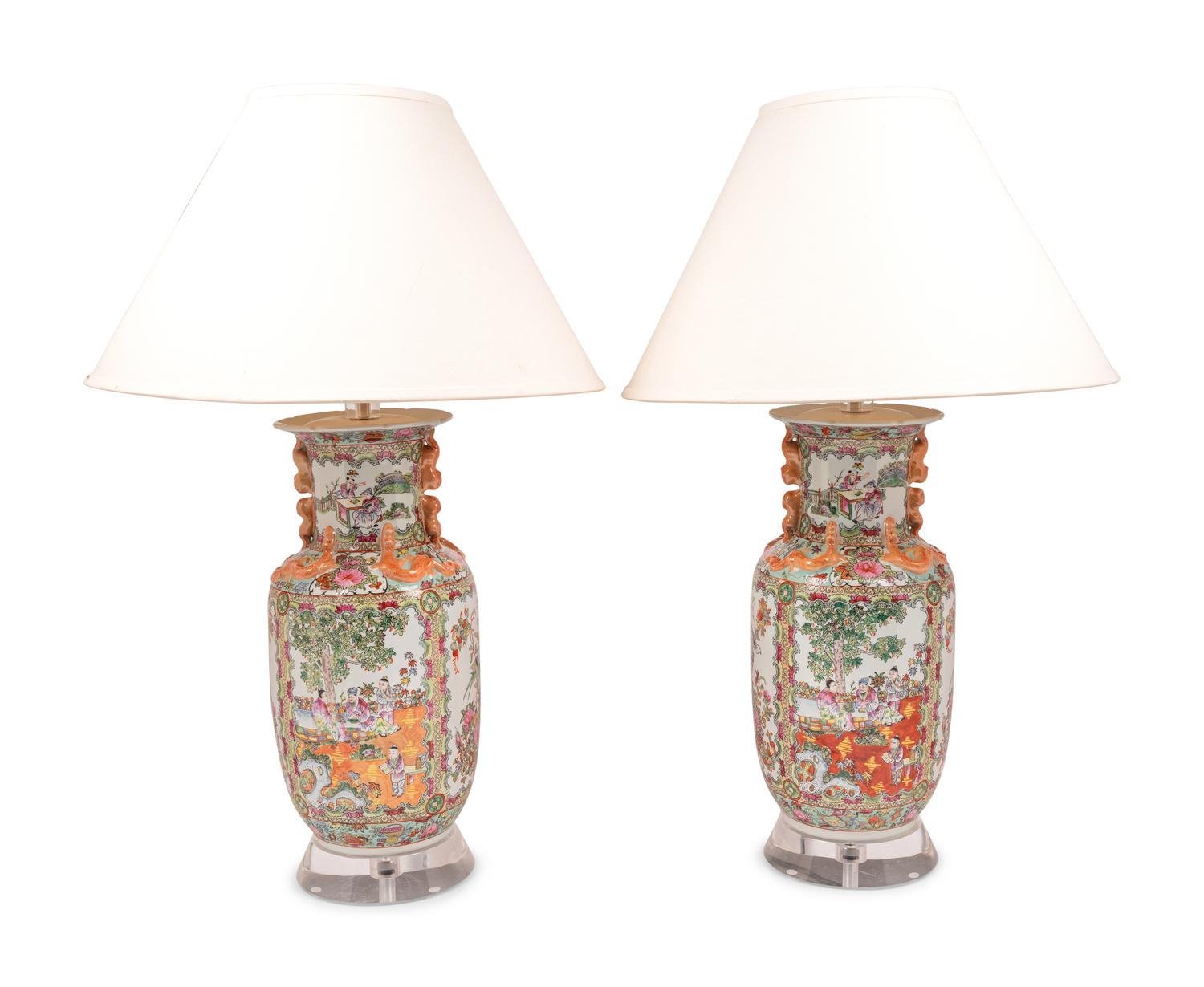 A Pair of Rose Medallion Porcelain Vases Mounted as Lamps