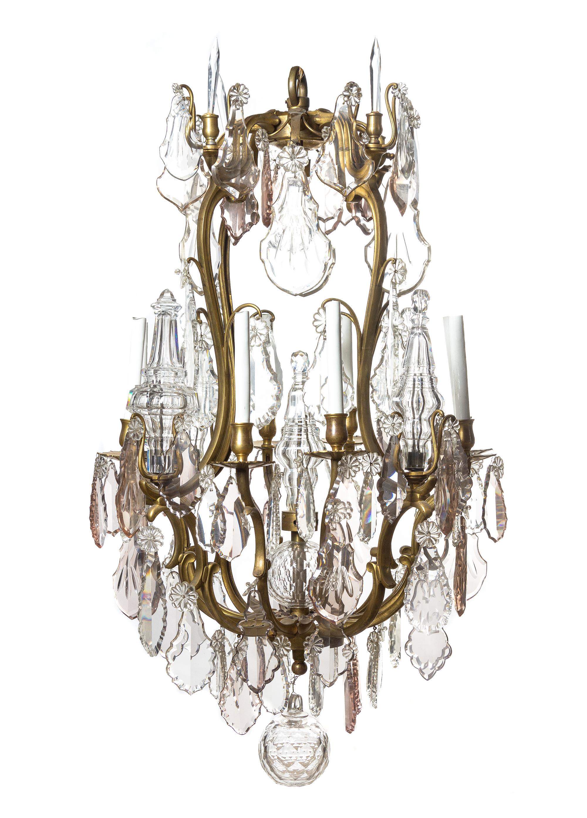 A Louis XV Style Gilt Bronze Eight-Light Chandelier, Height 44 x diameter 24 inches.