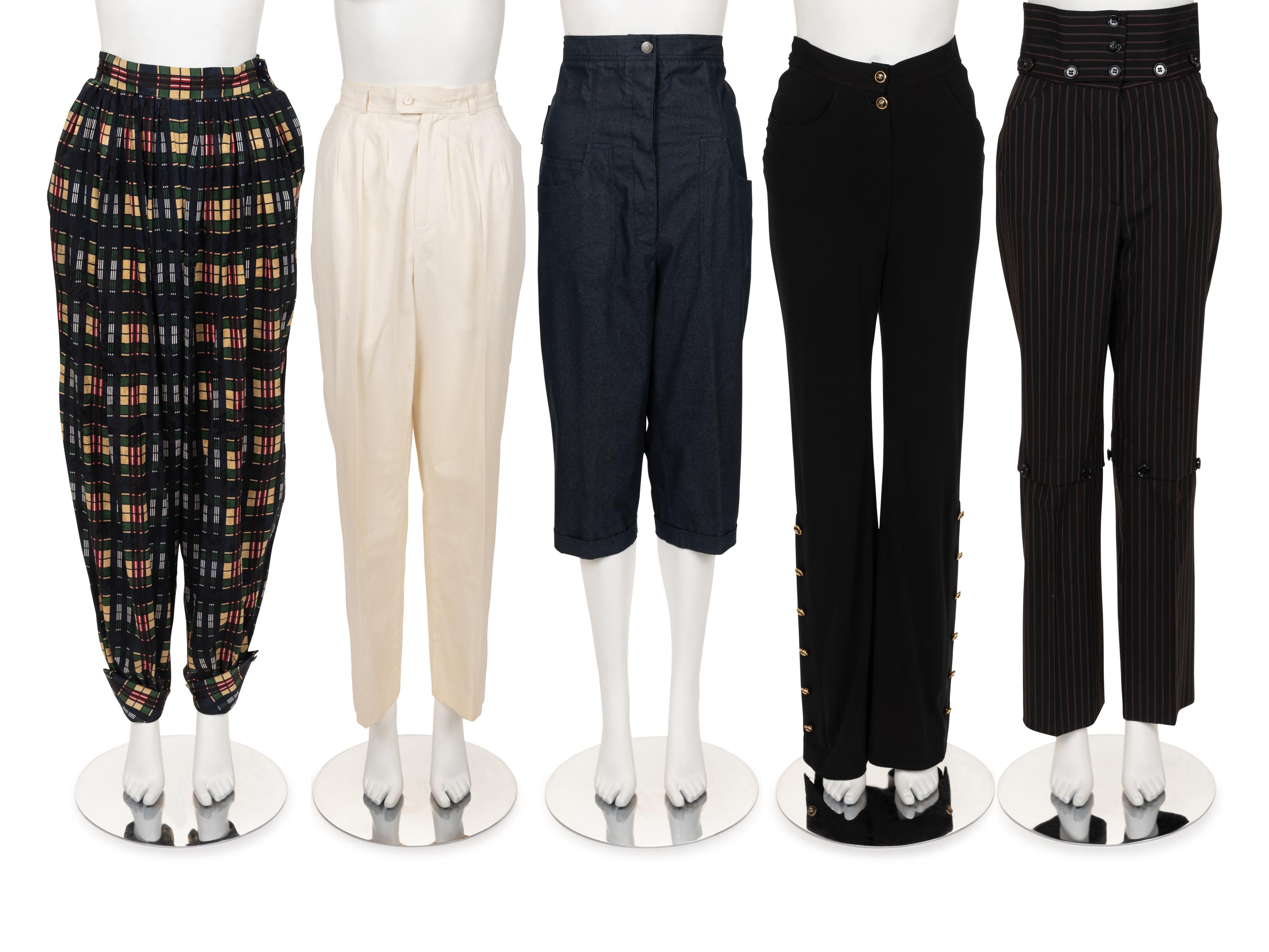 Five Pairs of Designer Pants: One Yves Saint Laurent, One Christian Dior, Two Chanel, and One Dolce & Gabbana, 1980-2000s