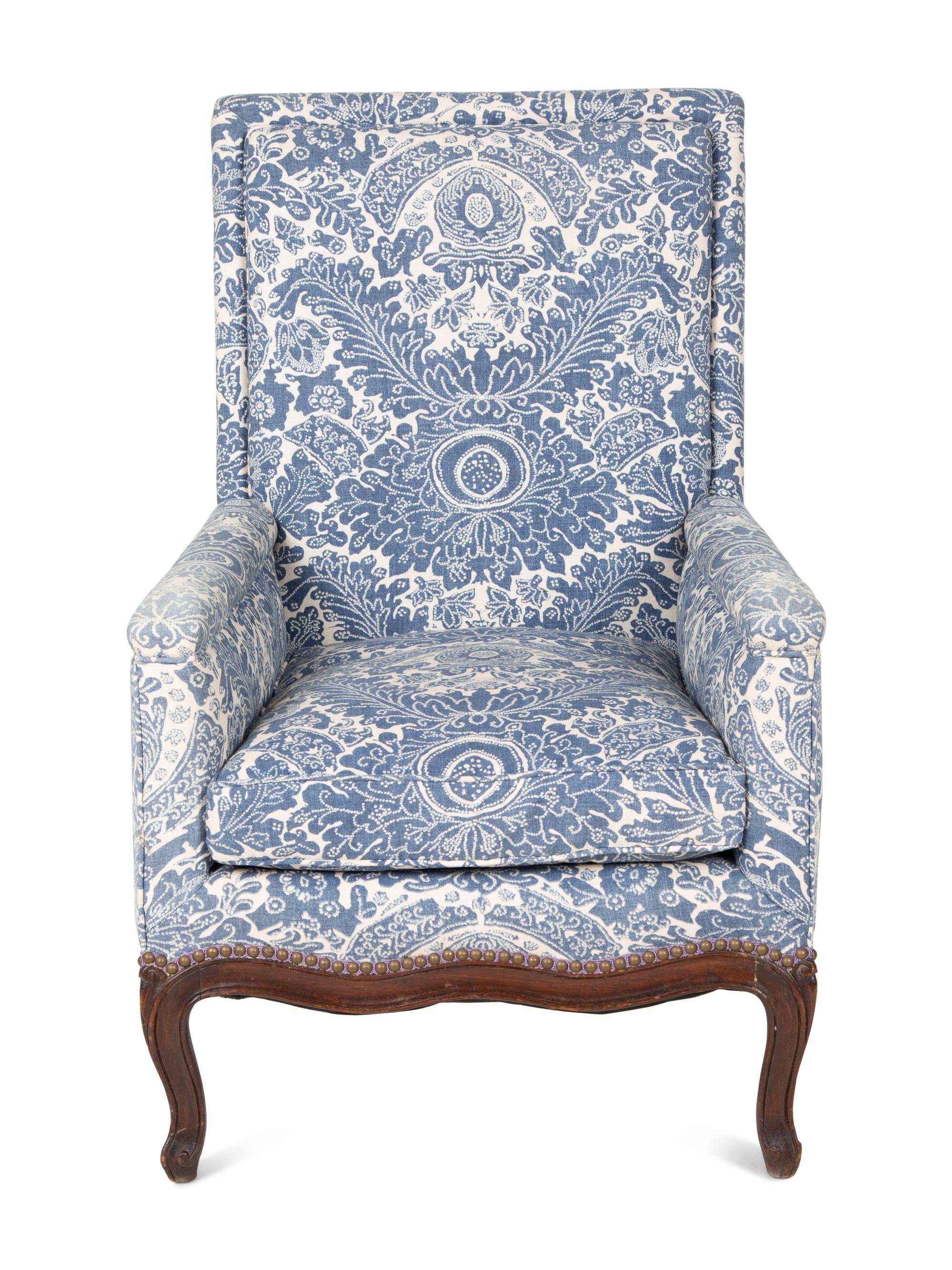 A Louis XV Style Blue and White Upholstered Bergère — 19TH CENTURY