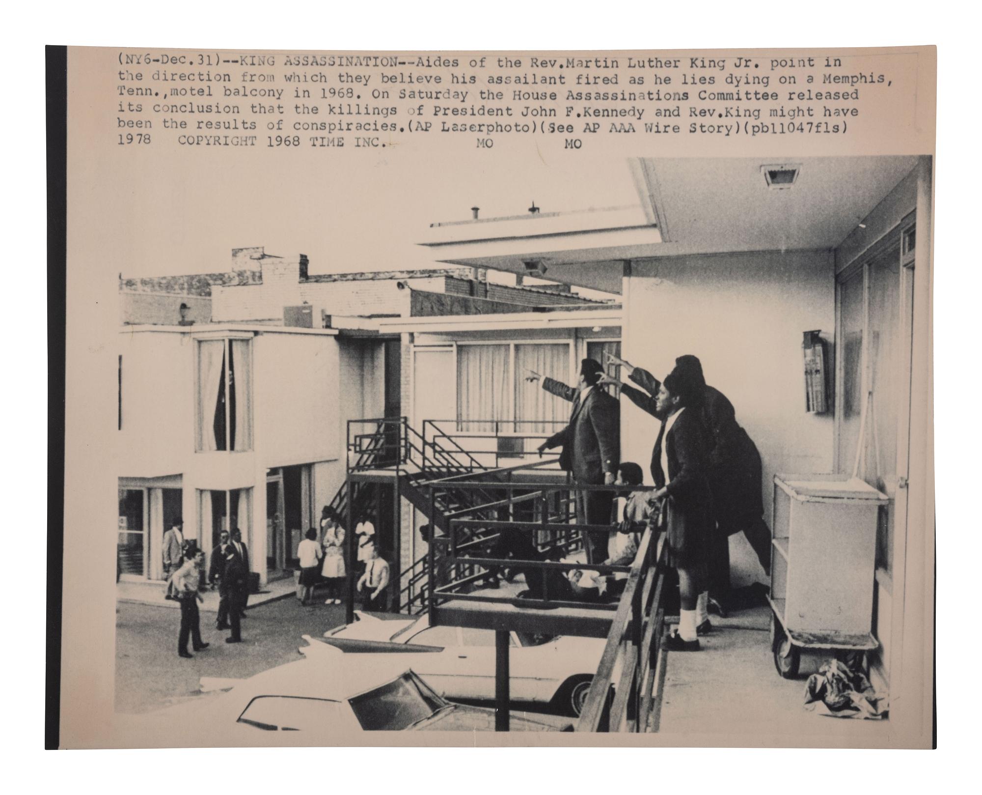 [KING, Martin Luther, Jr. (1929-1968)]. LOUW, Joseph (1939-2003), photographer. Wire photograph capturing the immediate aftermath of the assassination of Martin Luther King, Jr. [With:] Should Rioters be Rewarded pamphlet.