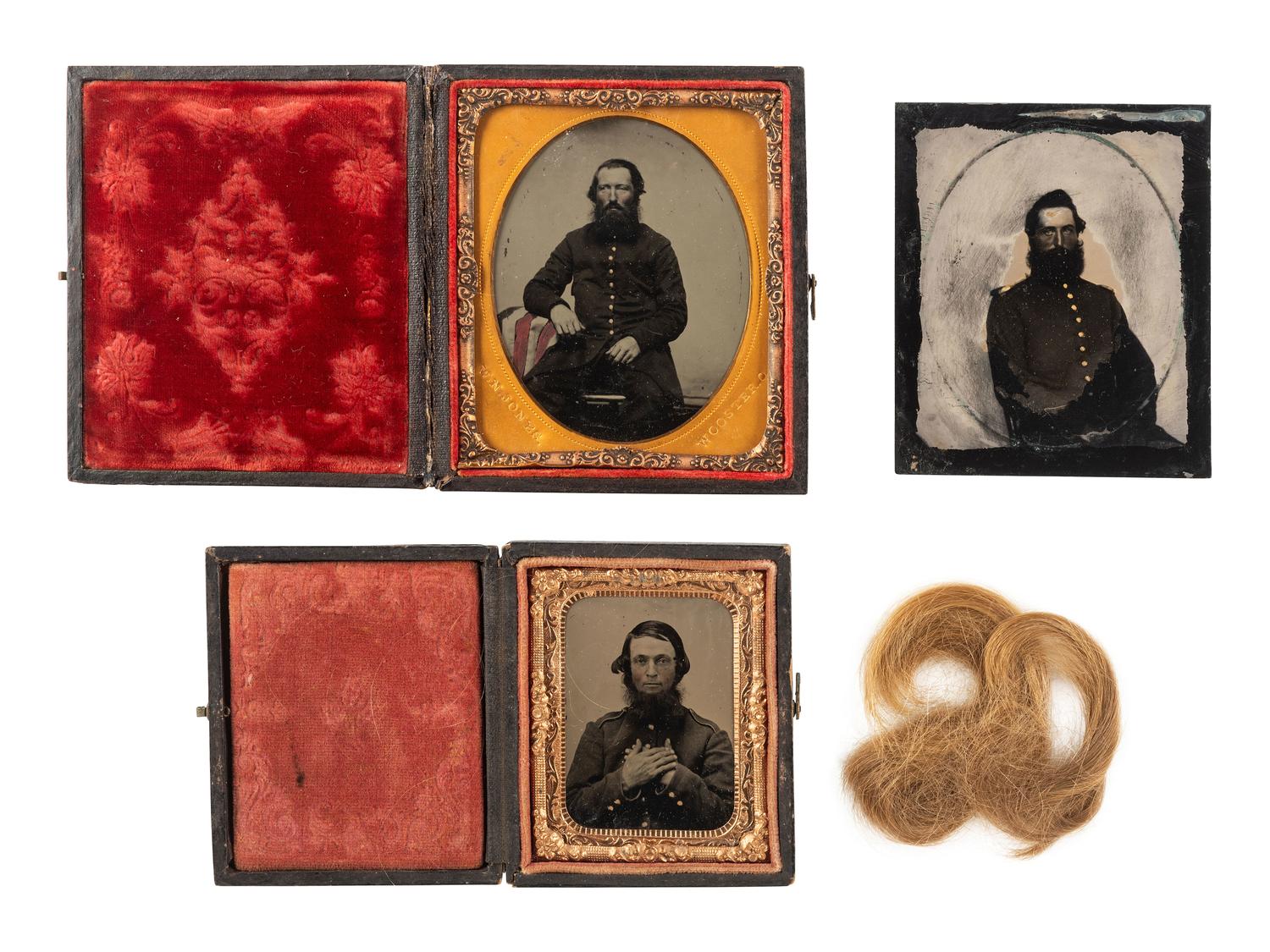 [CIVIL WAR]. 3 images of bearded soldiers, incl. tintype of soldier with American flag.