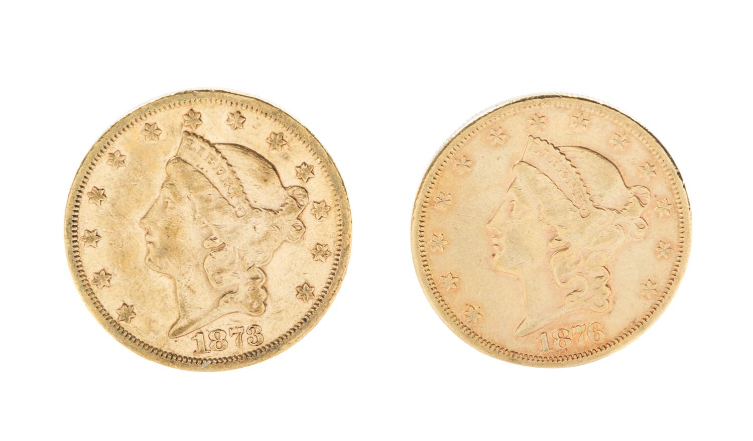 Two United States Liberty Head $20 Gold Coins 2 ozt 3 dwt — 1873-S, 1876-S