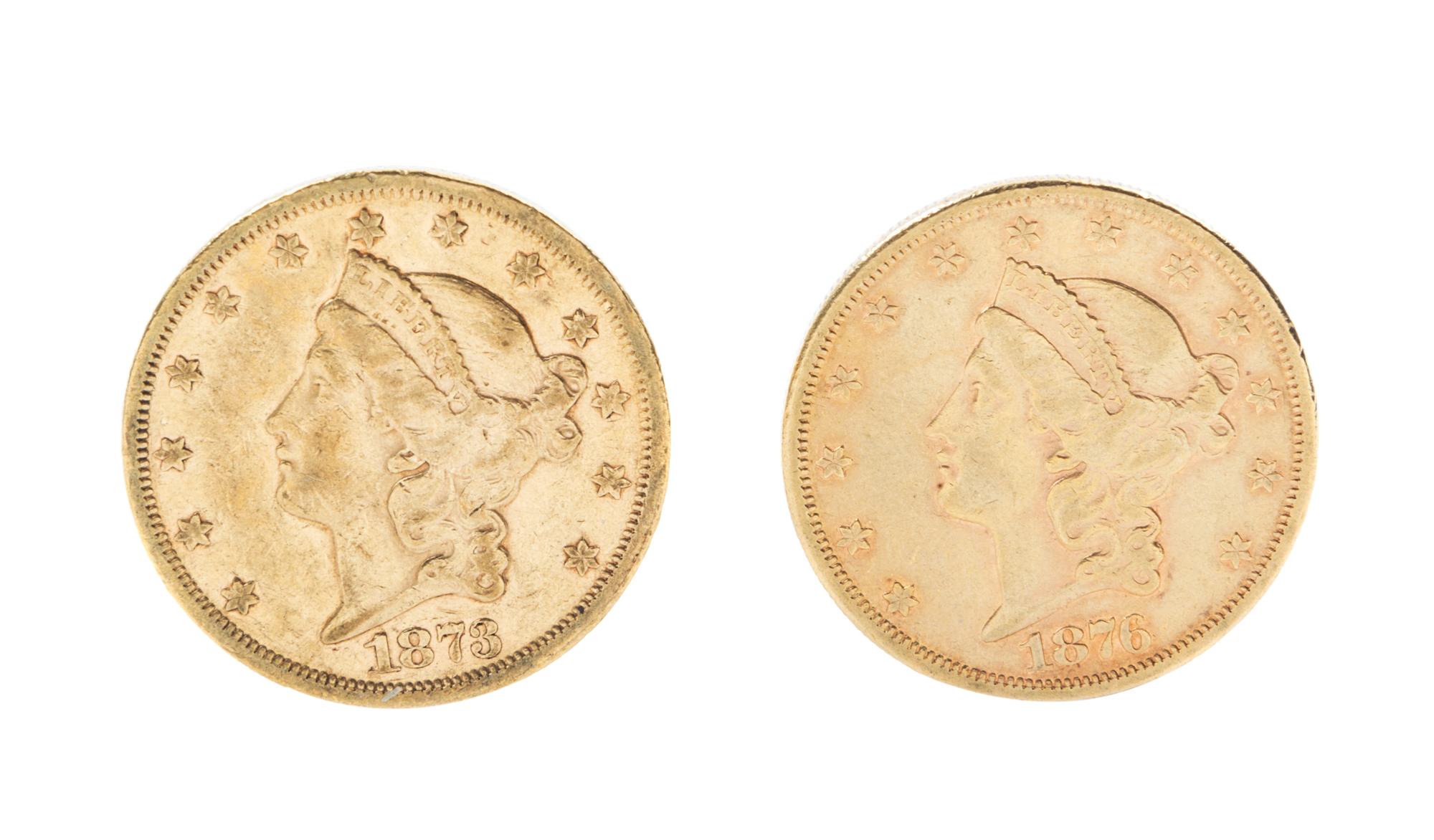 Two United States Liberty Head $20 Gold Coins 2 ozt 3 dwt — 1873-S, 1876-S
