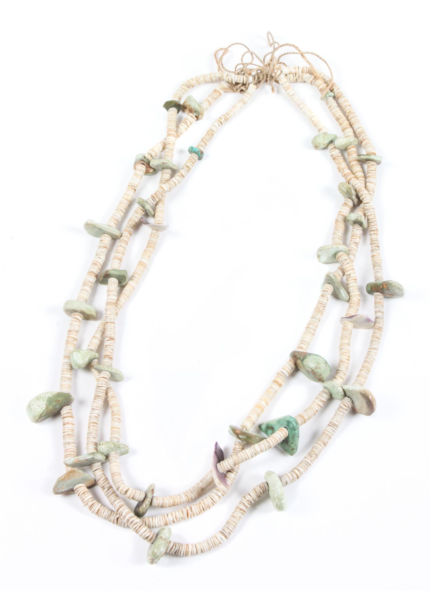 Three Strand Turquoise and Heishi Pueblo Necklace Length 24 inches — CIRCA 1900