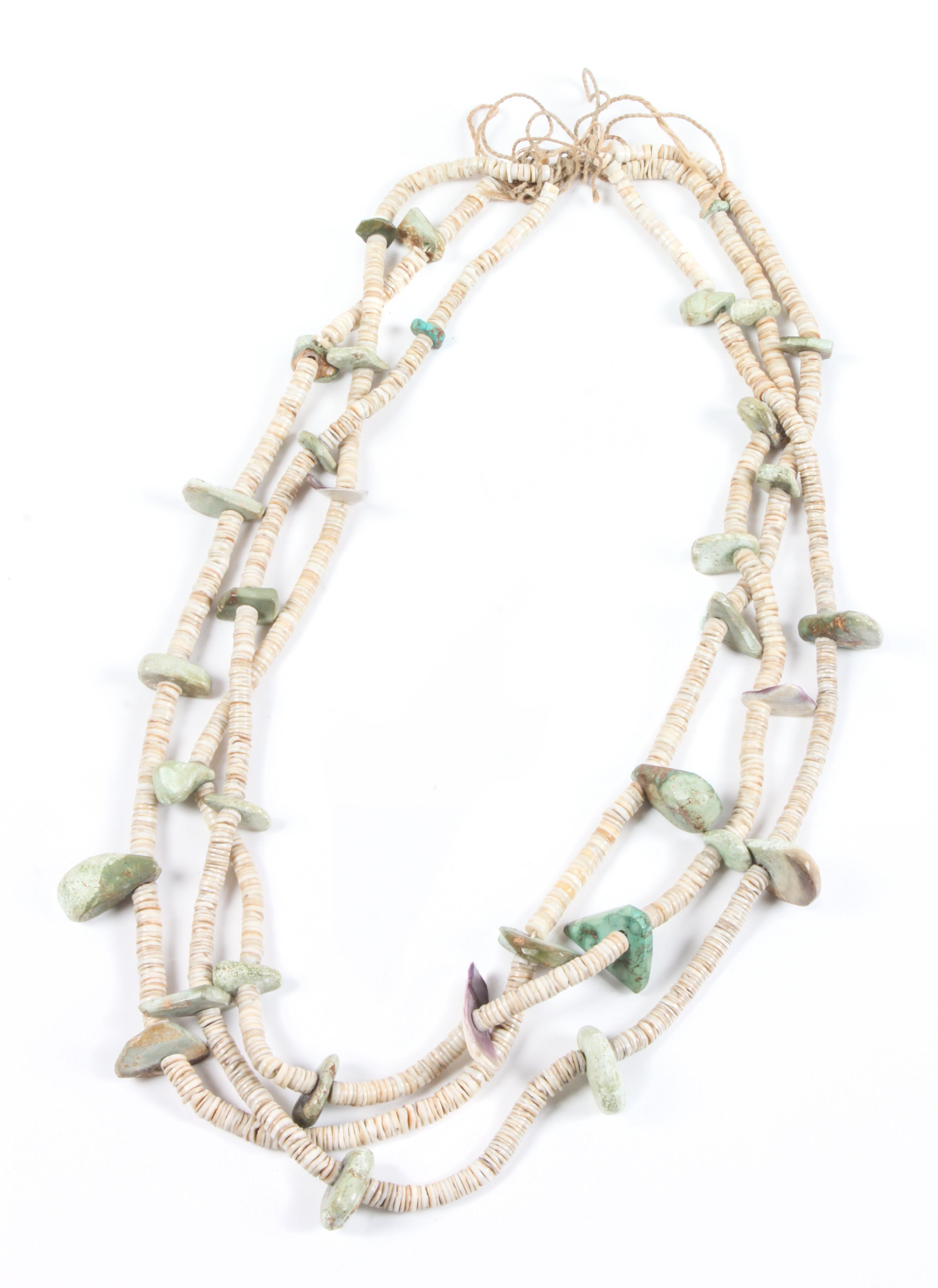 Three Strand Turquoise and Heishi Pueblo Necklace Length 24 inches — CIRCA 1900