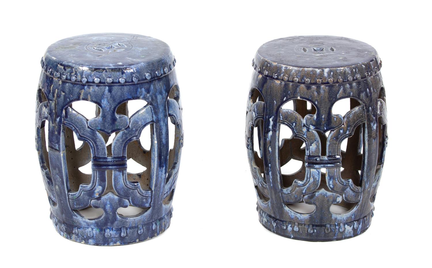 A Pair of Chinese Blue Glazed Ceramic Garden Seats Height 18 1/4 inches. — 19TH CENTURY