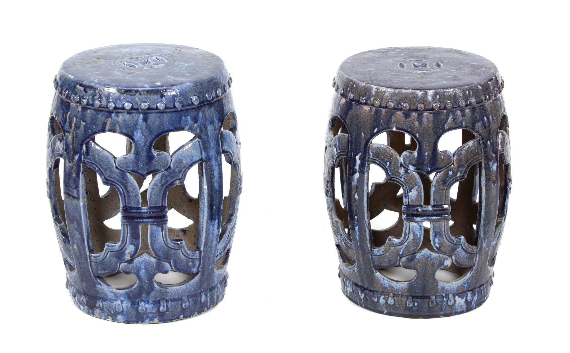 A Pair of Chinese Blue Glazed Ceramic Garden Seats Height 18 1/4 inches. — 19TH CENTURY
