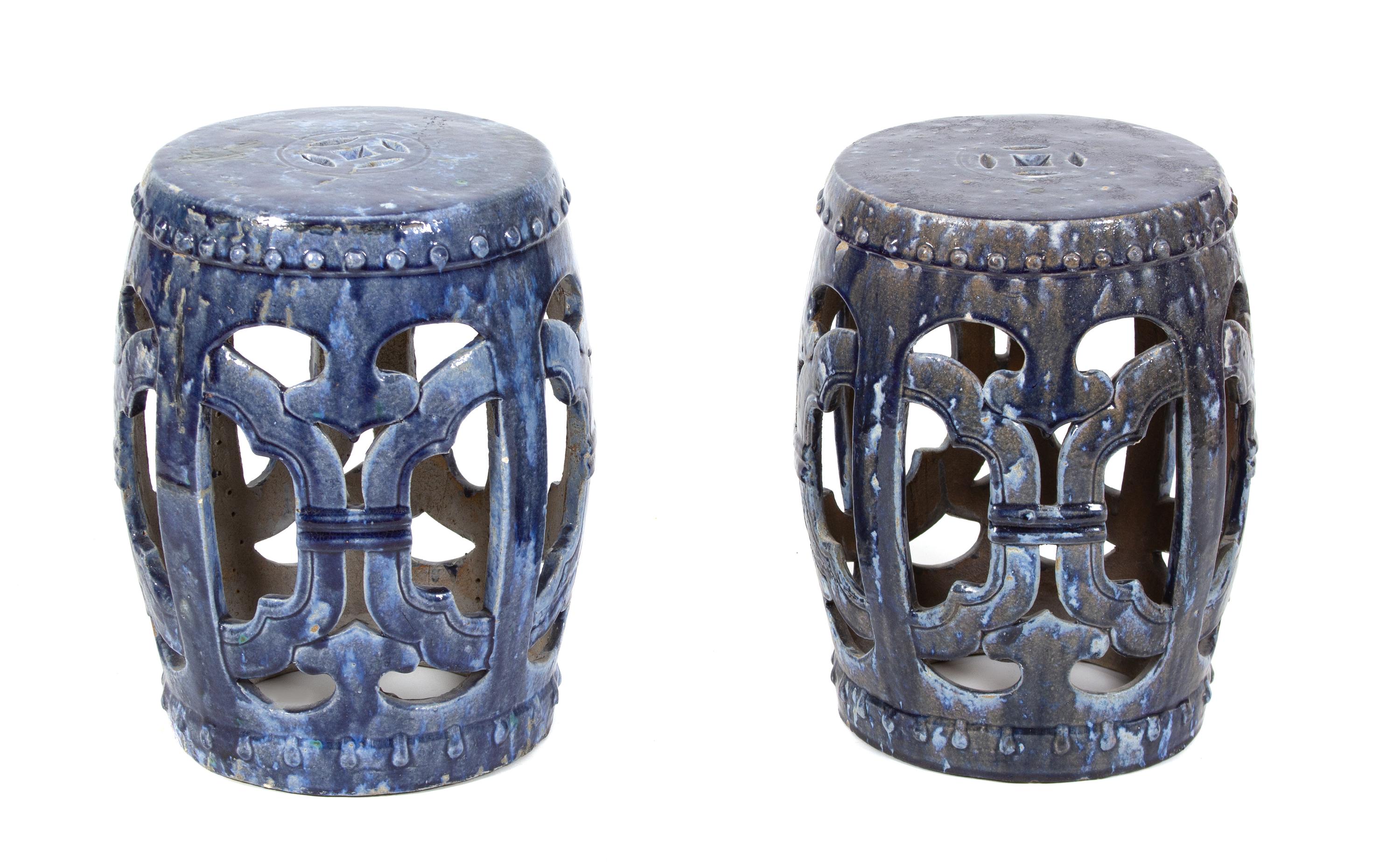 A Pair of Chinese Blue Glazed Ceramic Garden Seats Height 18 1/4 inches. — 19TH CENTURY