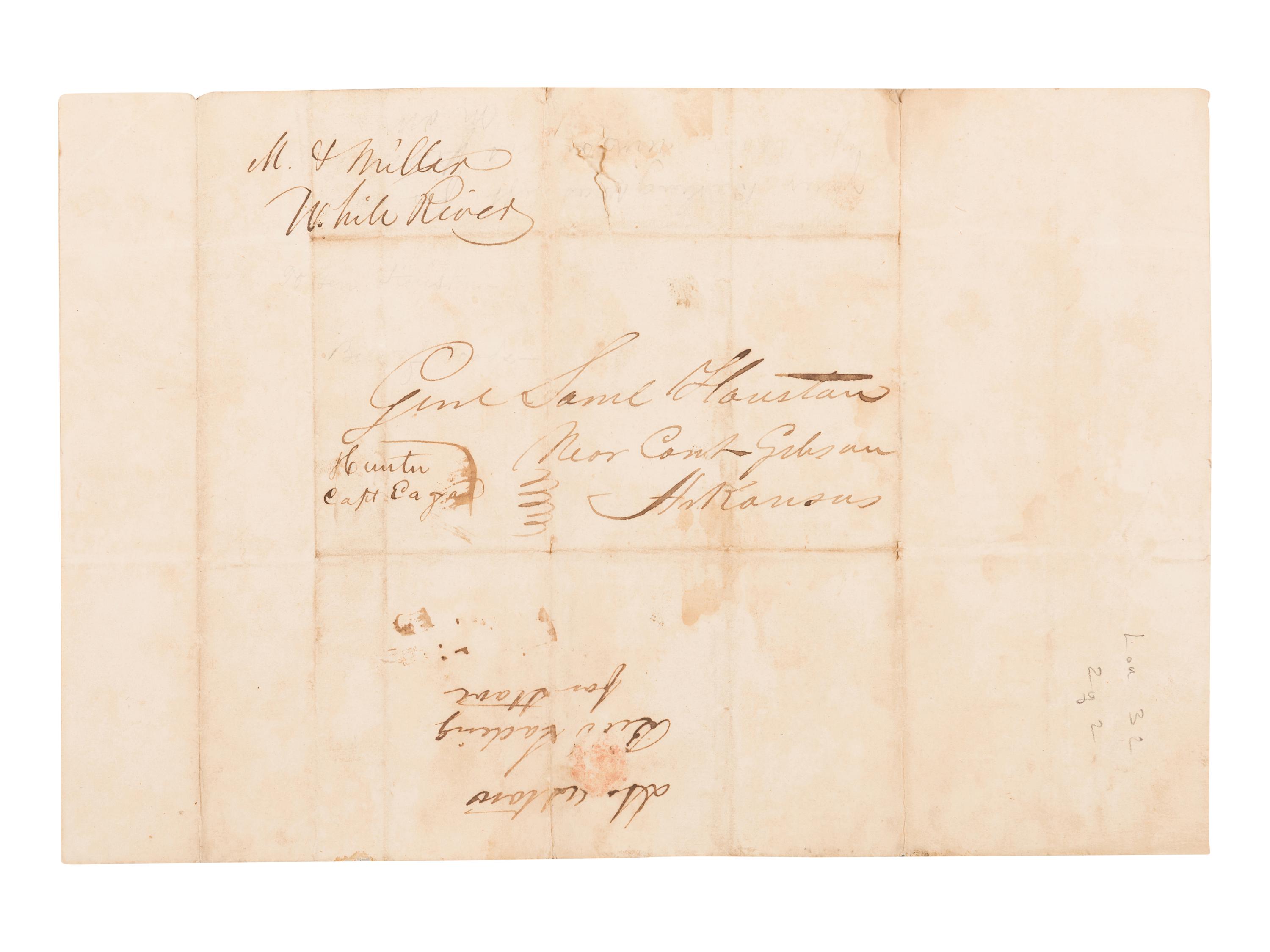 [HOUSTON, Sam]. Partly printed document accomplished in manuscript signed ("James Eagan"). 18 October 1830. Montgomery & Miller, Commission Merchants, Mouth White River, Ark’s. Terr . Little Rock: Wm. E. Woodruff, [1830?].