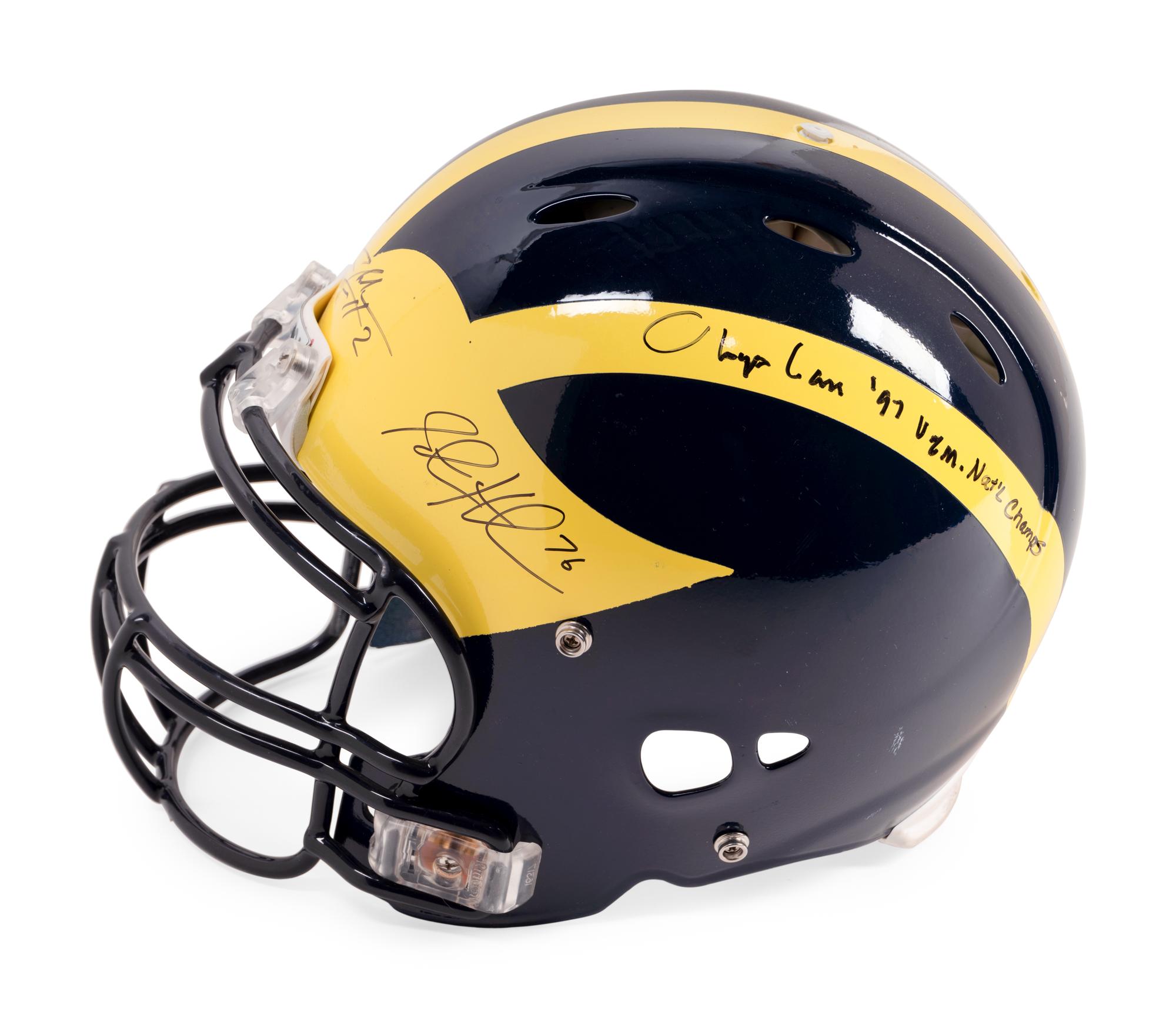 A Multi Signed 1997 University of Michigan Signed Autograph Riddell Full Size Football Helmet Including Charles Woodson and Lloyd Carr (BAS Beckett Authentication Services Certified),