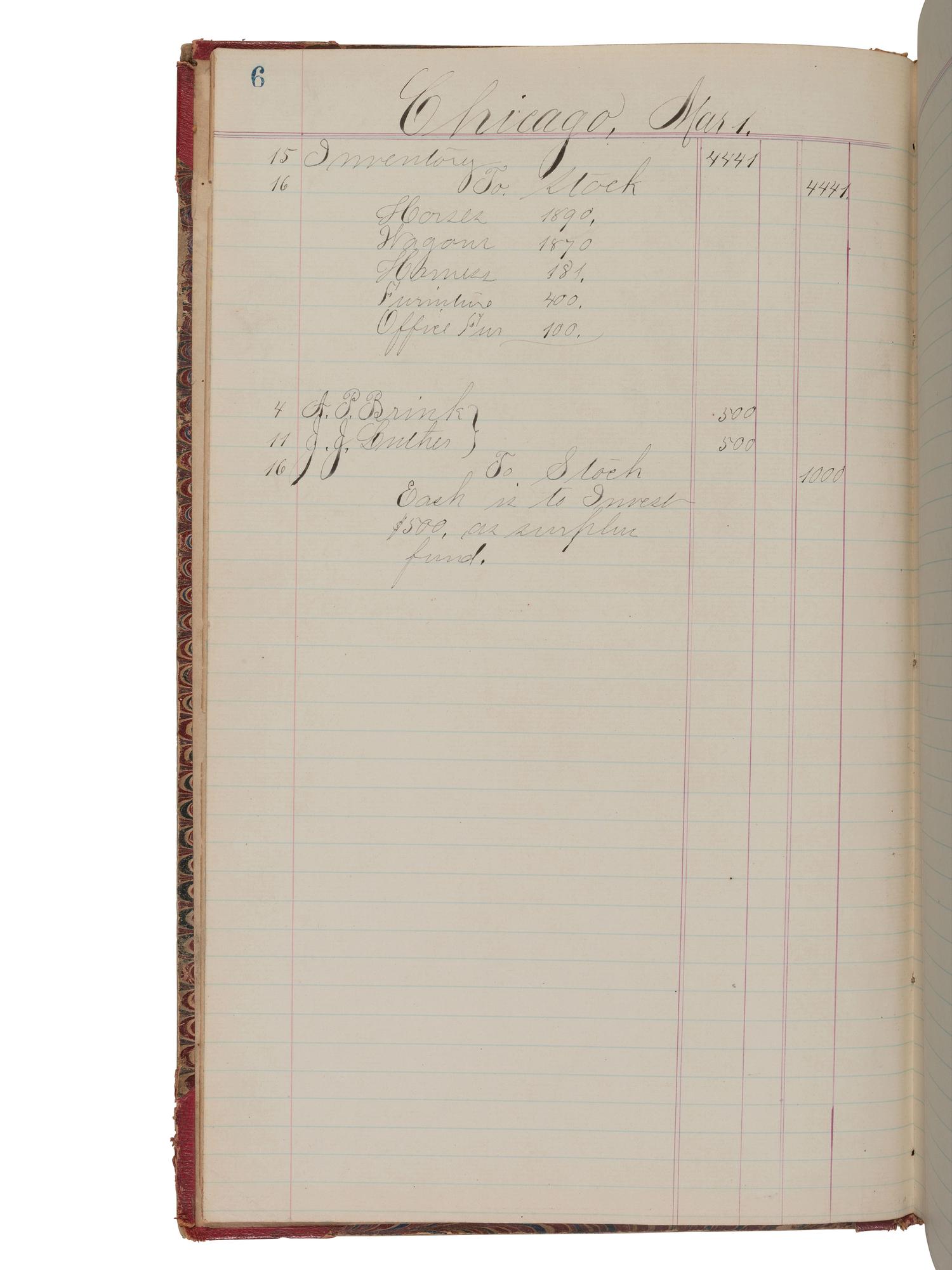 [BUSINESS]. BRINK, Arthur P. (1855-1916). Accounting ledger featuring "Articles of Co-Partnership" for "Brink & Luther, Proprietors." Chicago, 1876-1877.