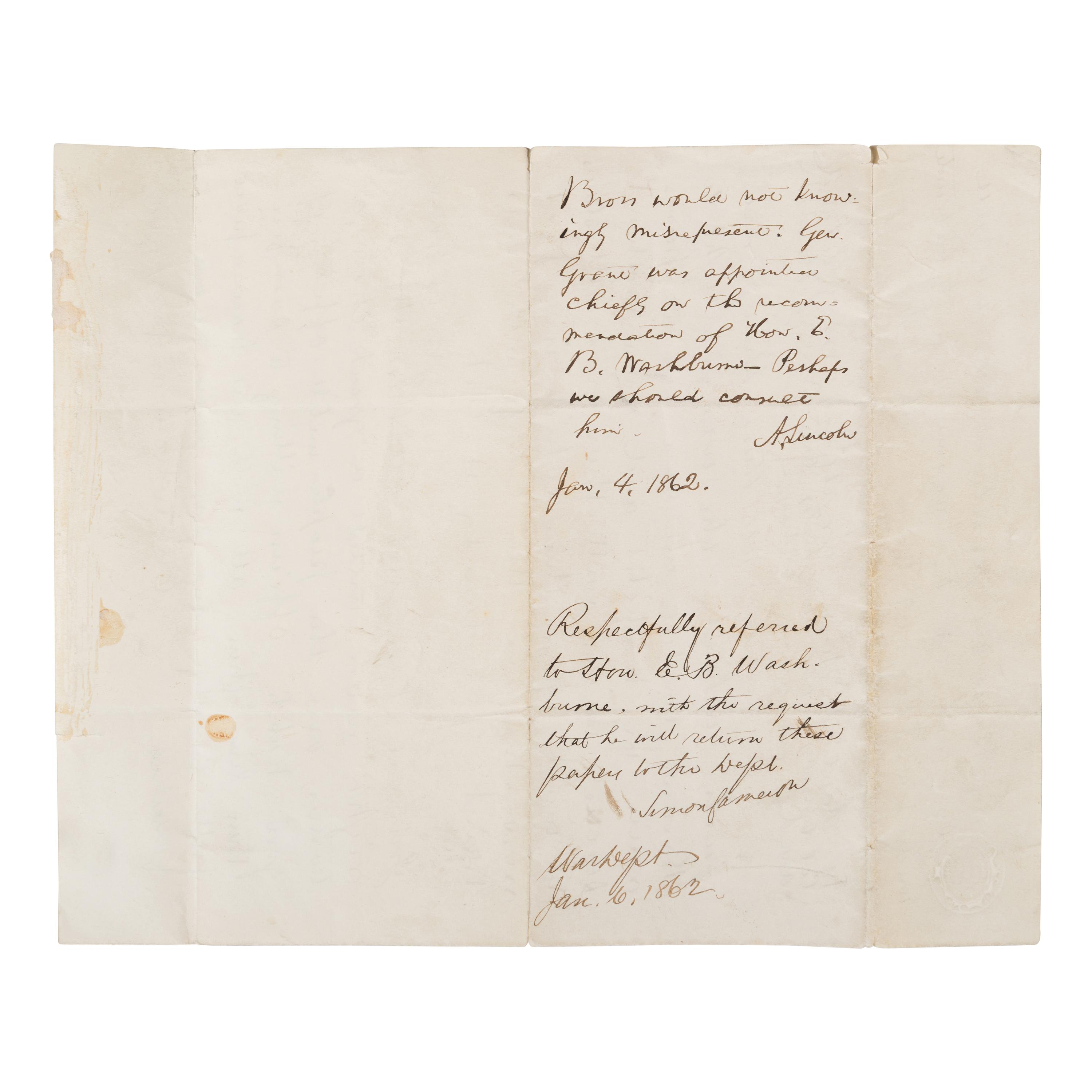 Lincoln, Abraham (1809-1865). Autograph endorsement signed ("A. Lincoln"), 8 lines, Washington, D.C., 4 January 1862, on the verso of an anonymous letter addressed to the Chicago Tribune, Cairo, Illinois, 24 December 1861.