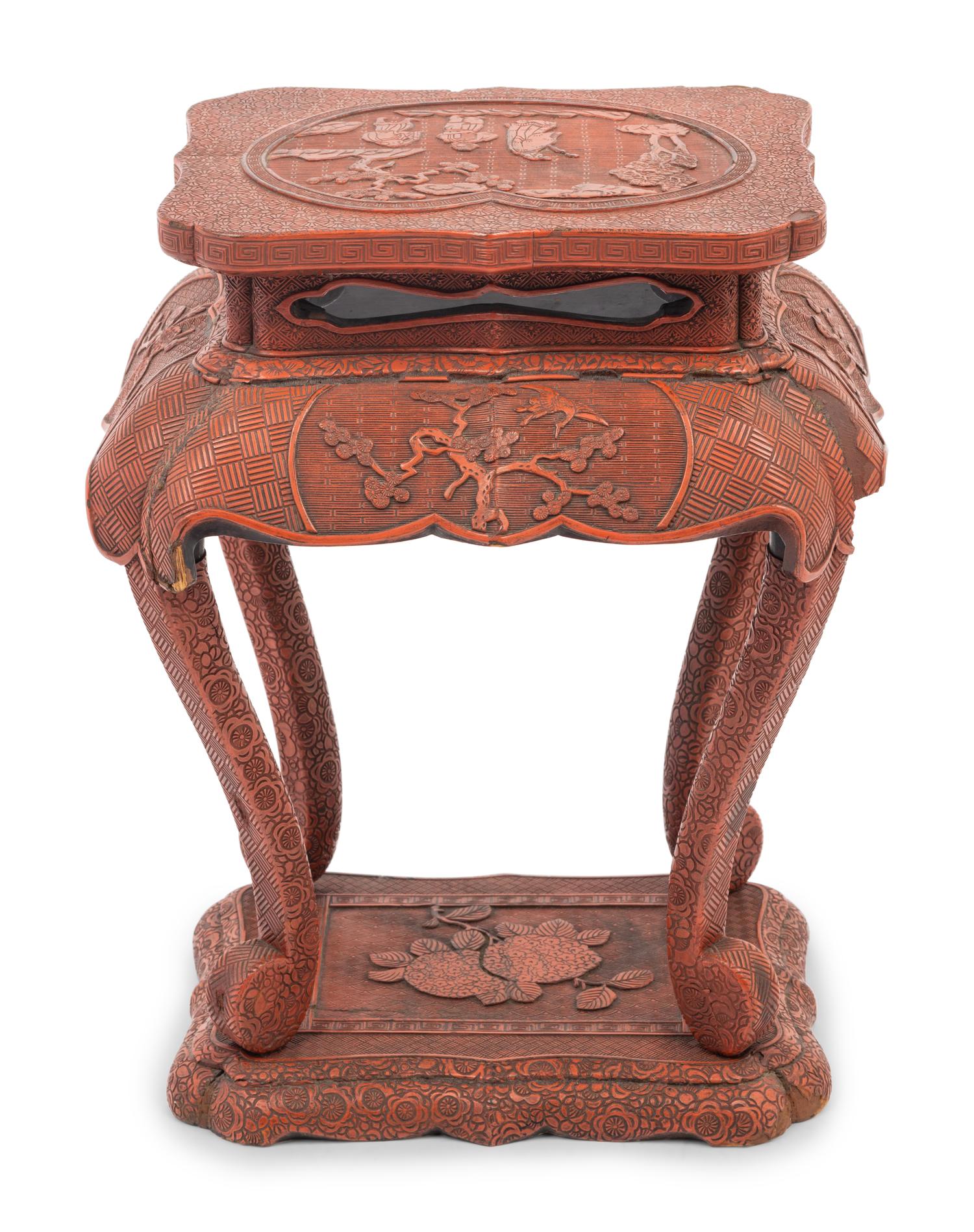 A Chinese Red Lacquered Wood Side Stand