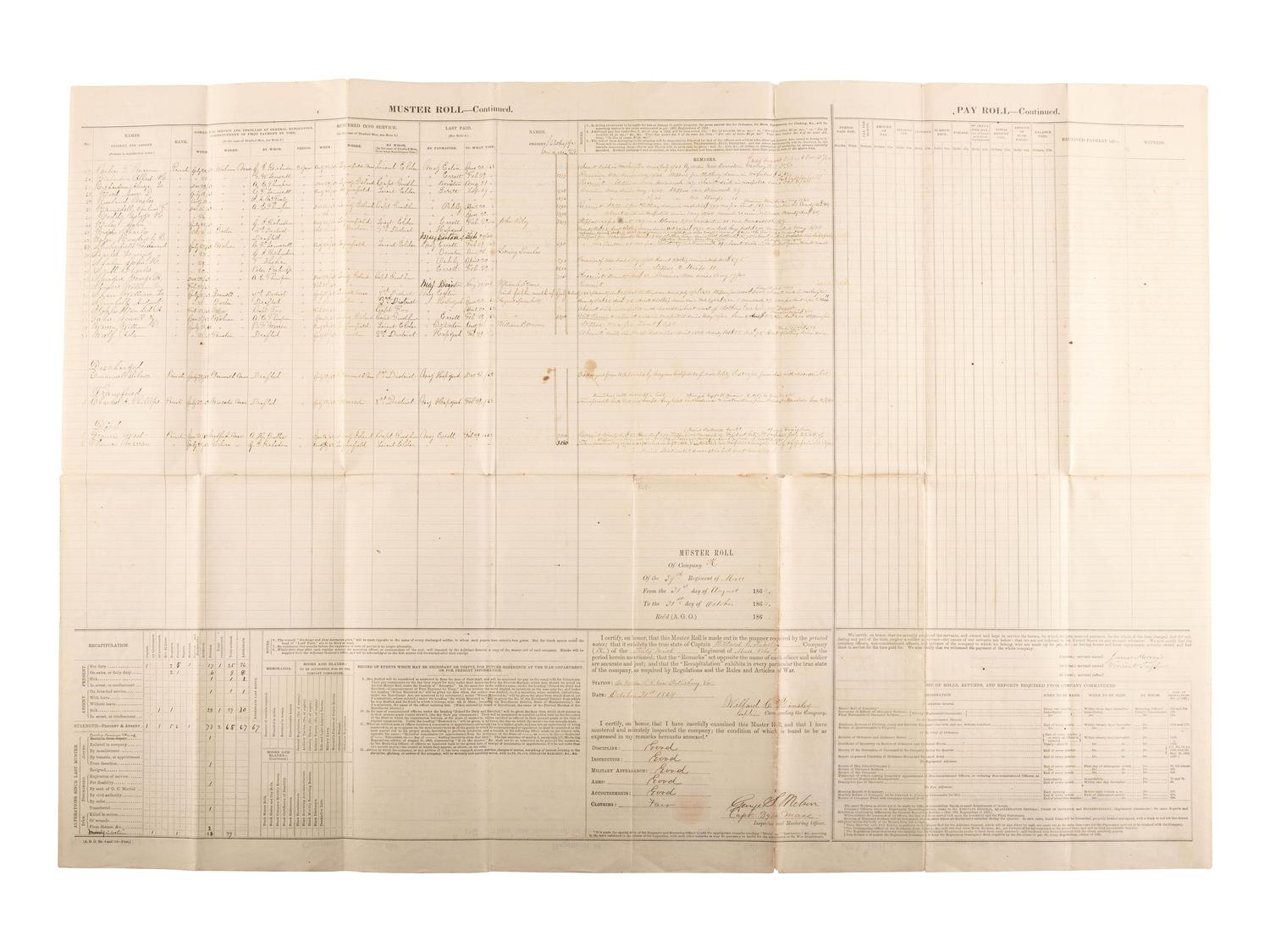 [CIVIL WAR]. A group of 3 Union muster rolls representing the 50th New York Engineers, 10th New York Infantry, and 39th Massachusetts Volunteer Infantry.