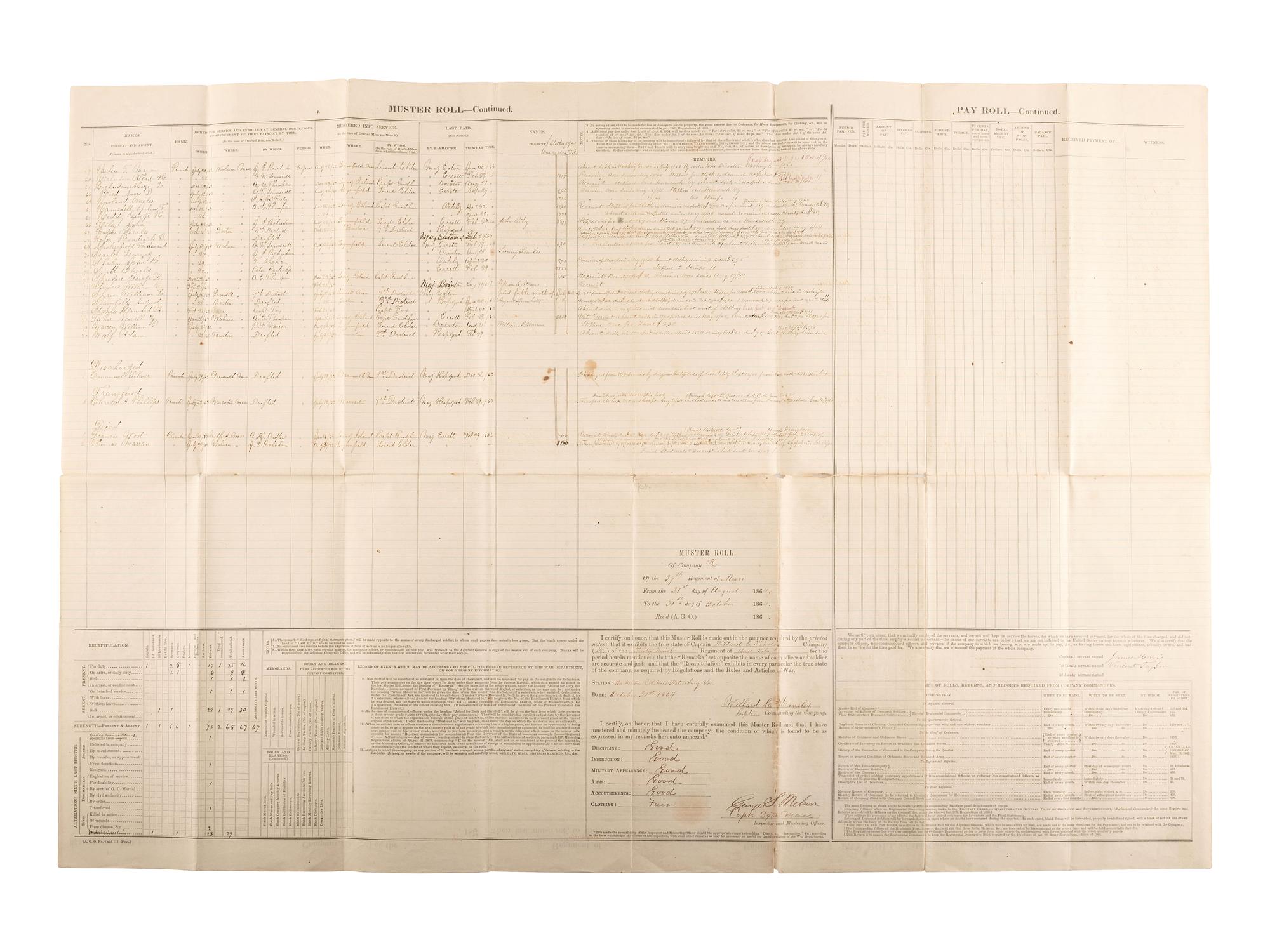 [CIVIL WAR]. A group of 3 Union muster rolls representing the 50th New York Engineers, 10th New York Infantry, and 39th Massachusetts Volunteer Infantry.