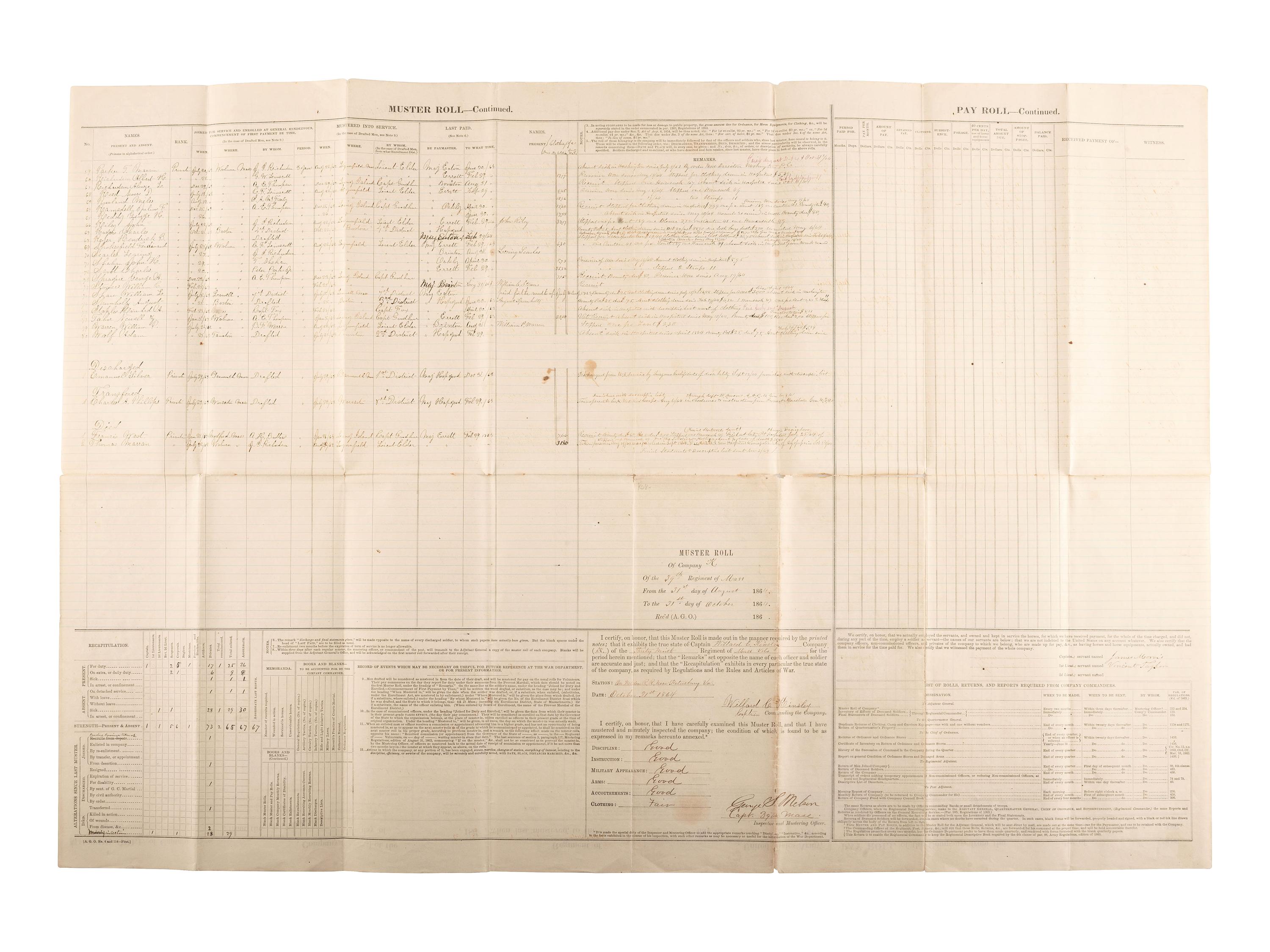 [CIVIL WAR]. A group of 3 Union muster rolls representing the 50th New York Engineers, 10th New York Infantry, and 39th Massachusetts Volunteer Infantry.