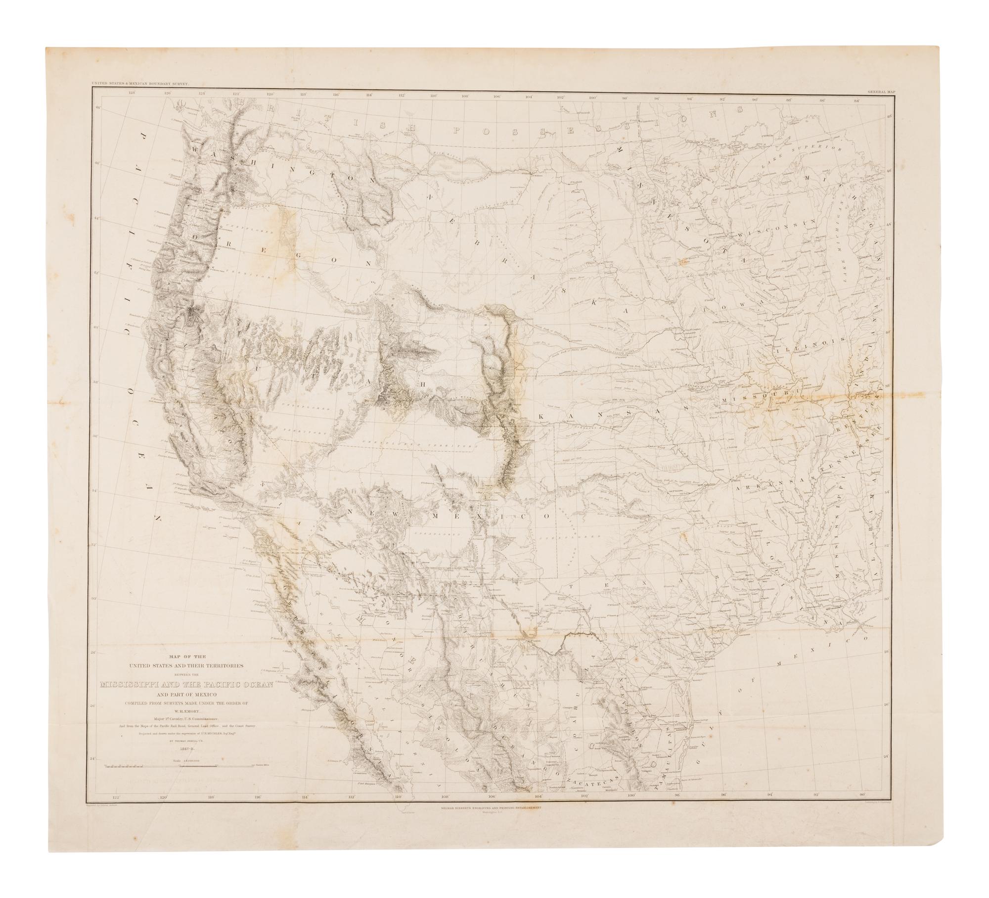 EMORY, William H. (1811-1887). Map of the United States and their Territories between the Mississippi and the Pacific Ocean and Part of Mexico .... [Washington], 1857-1858.