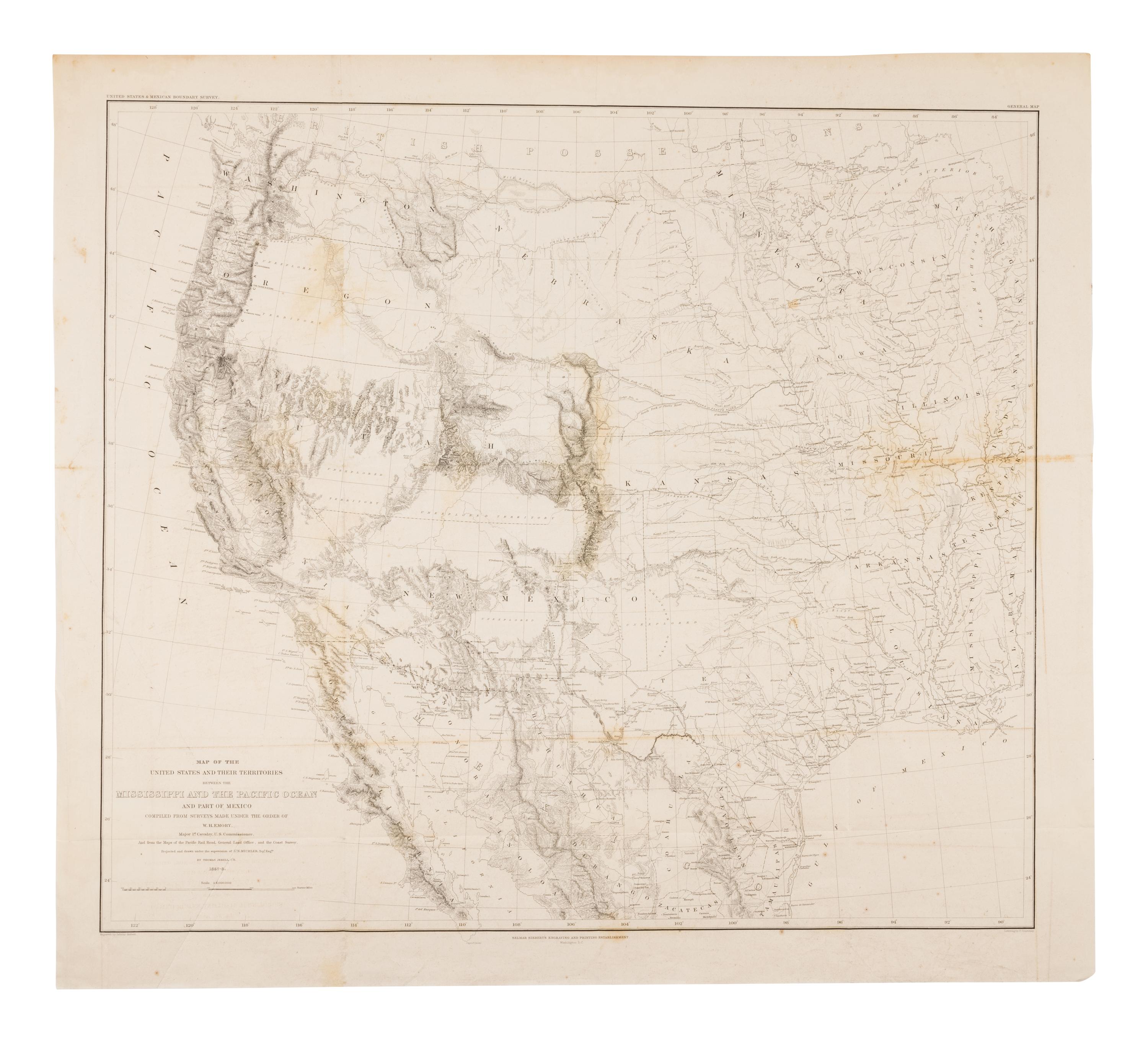 EMORY, William H. (1811-1887). Map of the United States and their Territories between the Mississippi and the Pacific Ocean and Part of Mexico .... [Washington], 1857-1858.