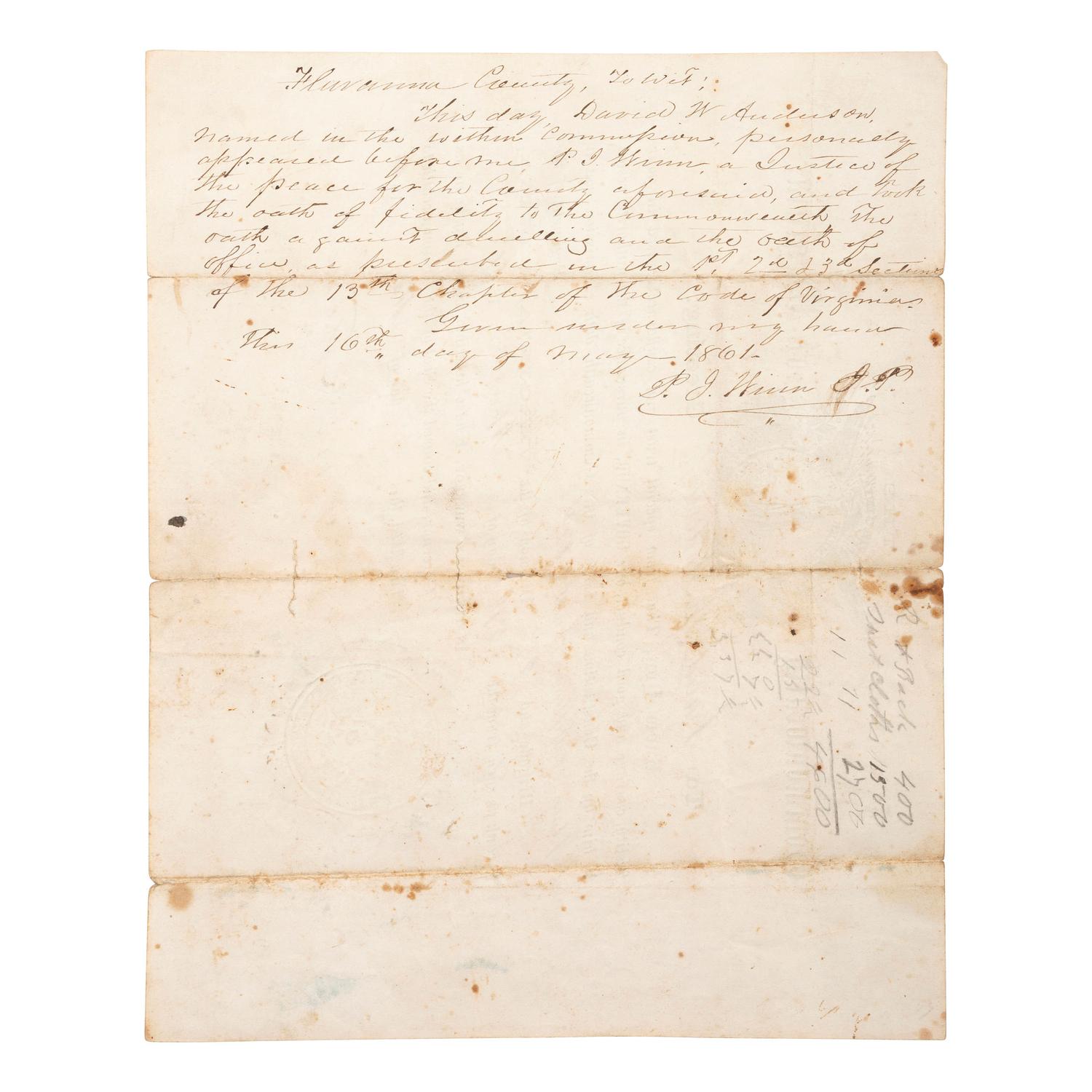[CIVIL WAR]. SEDDON, James A. (1815-1880). Document signed ("James A. Seddon"), as Confederate States Secretary of War. Richmond, VA, 25 August 1863.