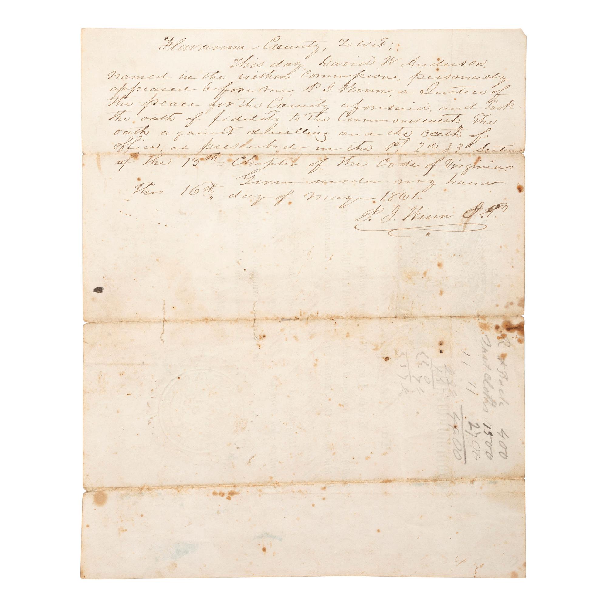 [CIVIL WAR]. SEDDON, James A. (1815-1880). Document signed ("James A. Seddon"), as Confederate States Secretary of War. Richmond, VA, 25 August 1863.